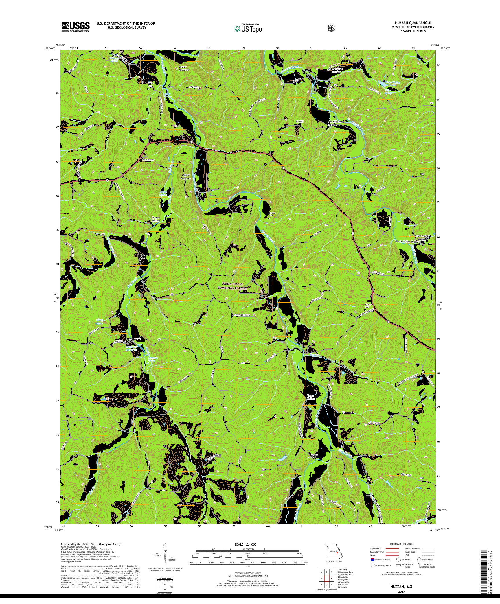 USGS US TOPO 7.5-MINUTE MAP FOR HUZZAH, MO 2017