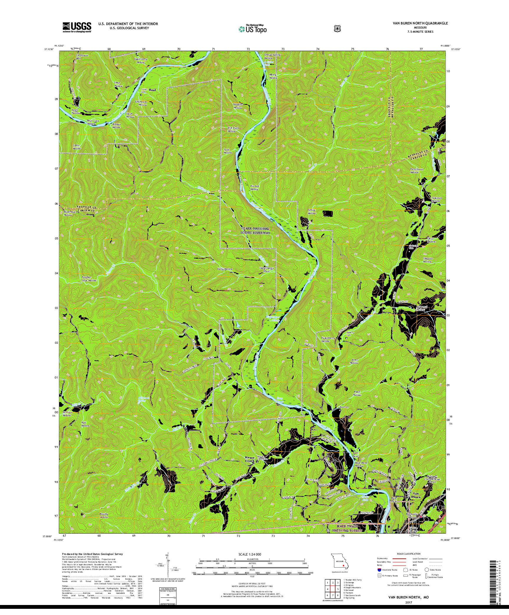 USGS US TOPO 7.5-MINUTE MAP FOR VAN BUREN NORTH, MO 2017