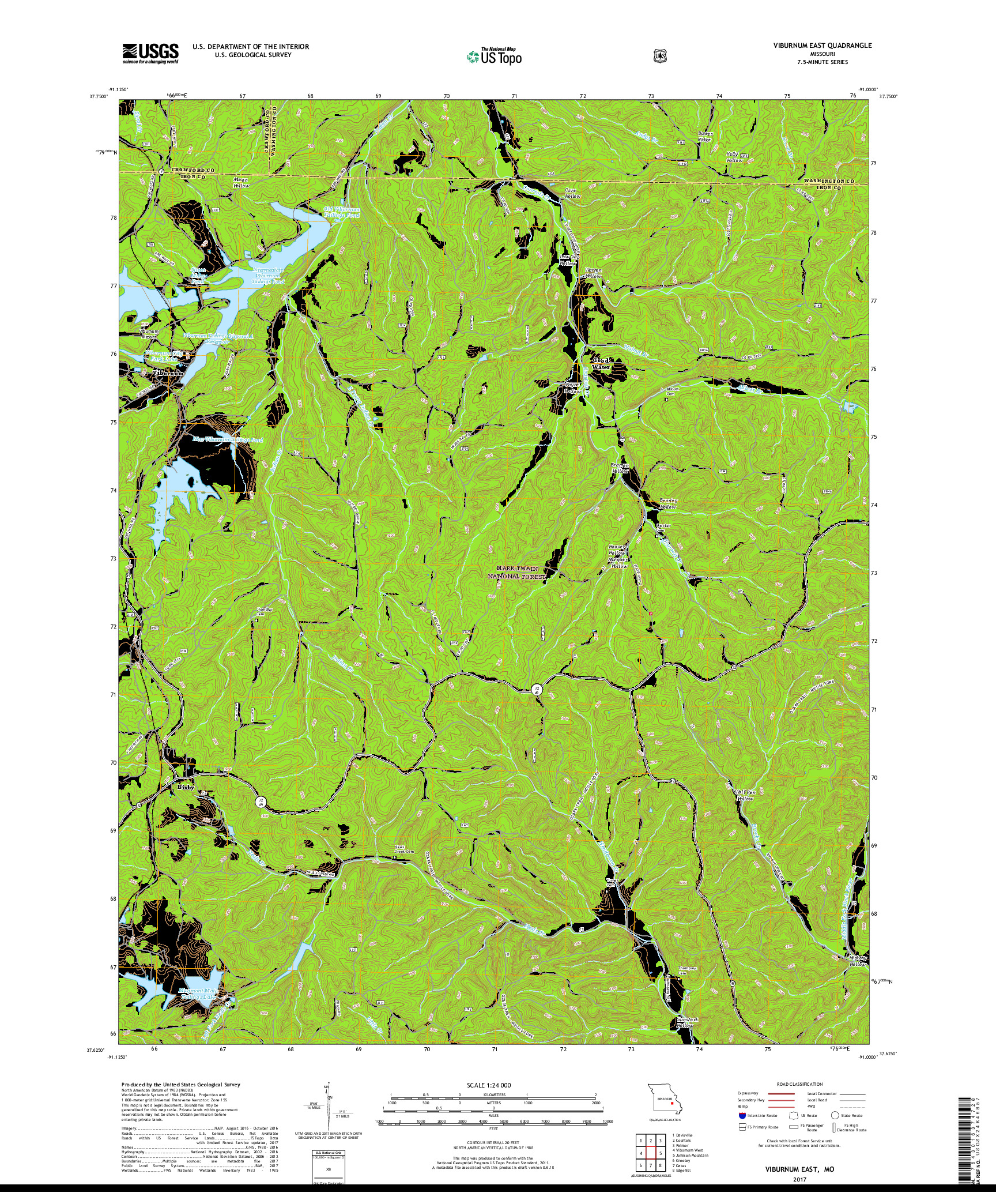 USGS US TOPO 7.5-MINUTE MAP FOR VIBURNUM EAST, MO 2017