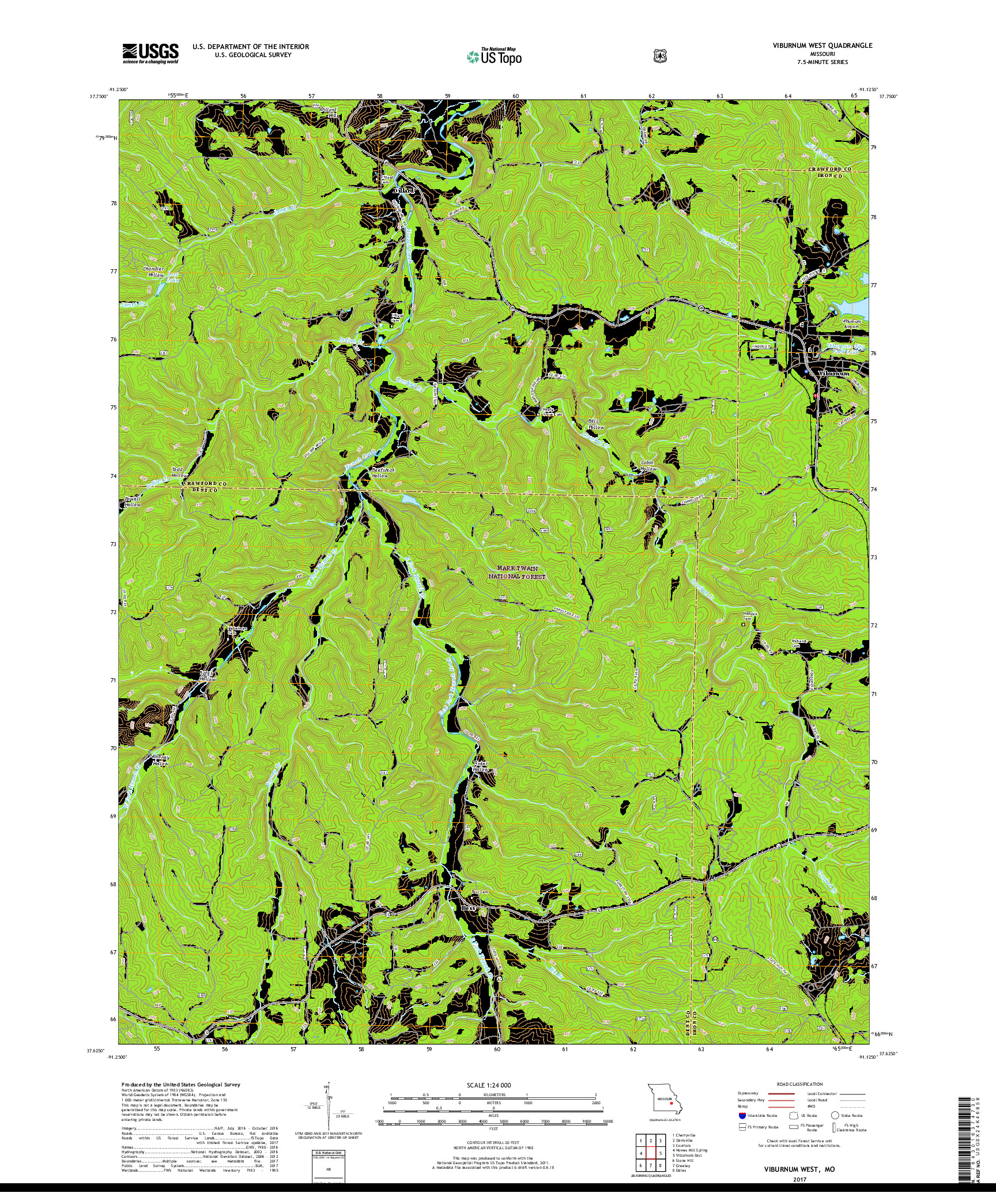 USGS US TOPO 7.5-MINUTE MAP FOR VIBURNUM WEST, MO 2017