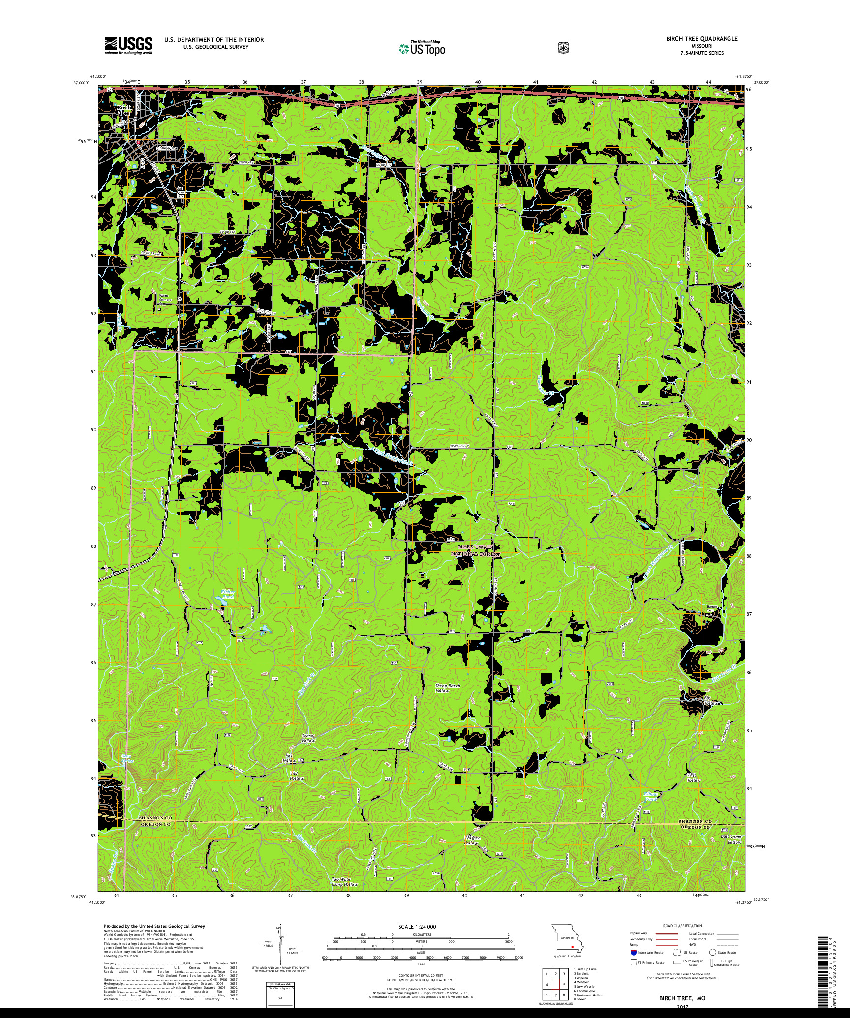 USGS US TOPO 7.5-MINUTE MAP FOR BIRCH TREE, MO 2017