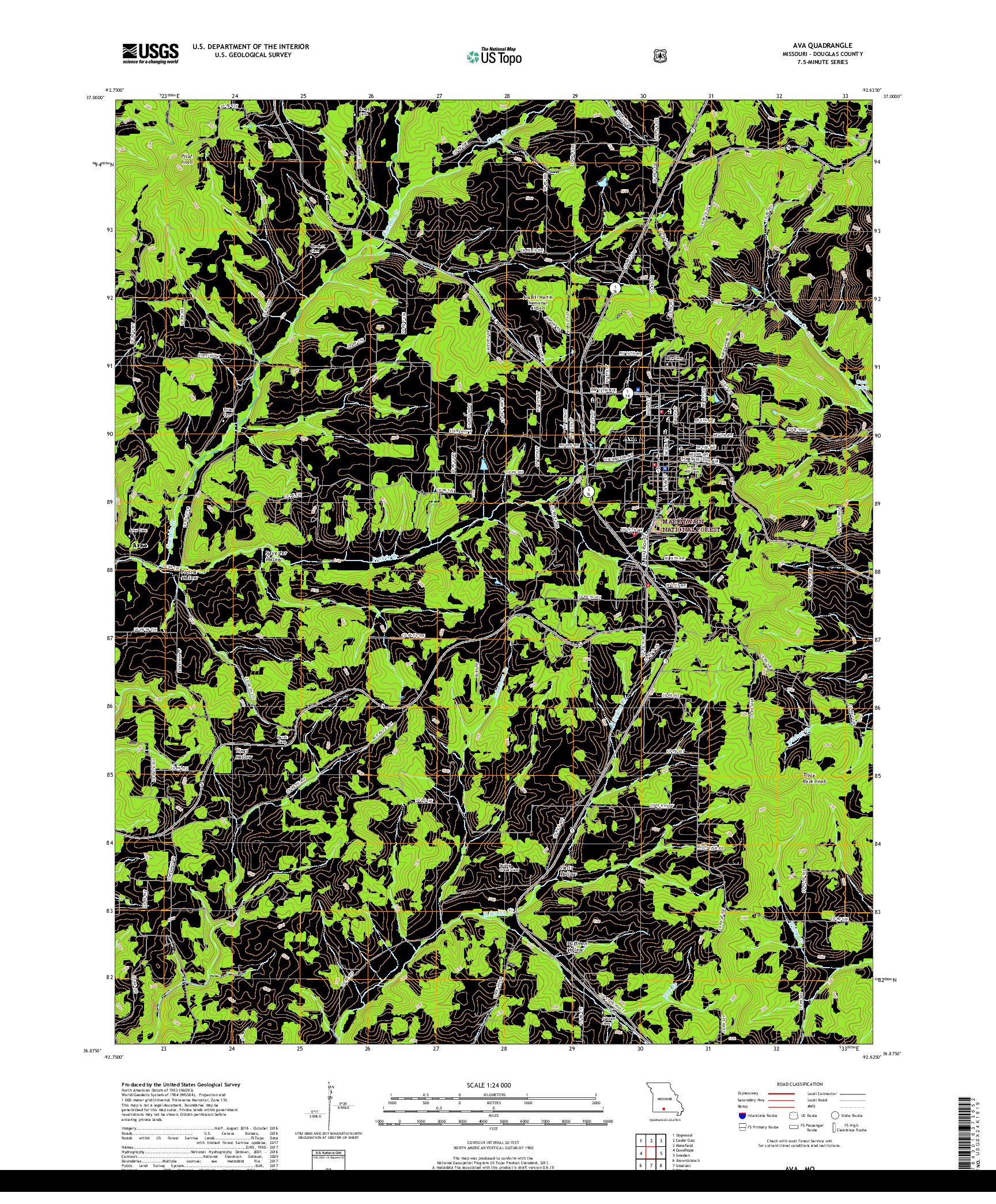 USGS US TOPO 7.5-MINUTE MAP FOR AVA, MO 2017