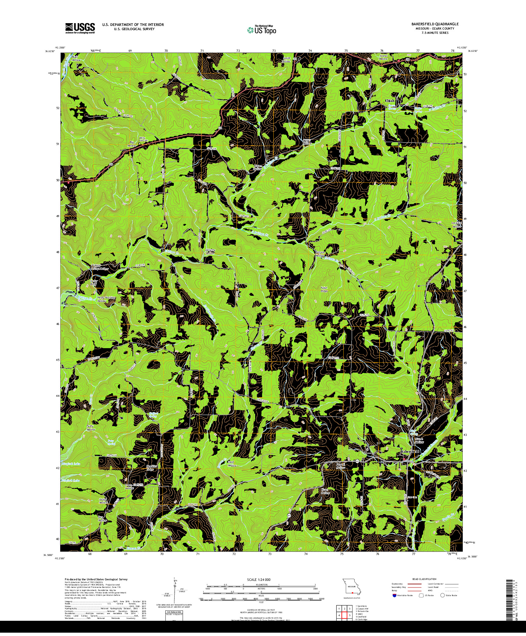 USGS US TOPO 7.5-MINUTE MAP FOR BAKERSFIELD, MO 2017