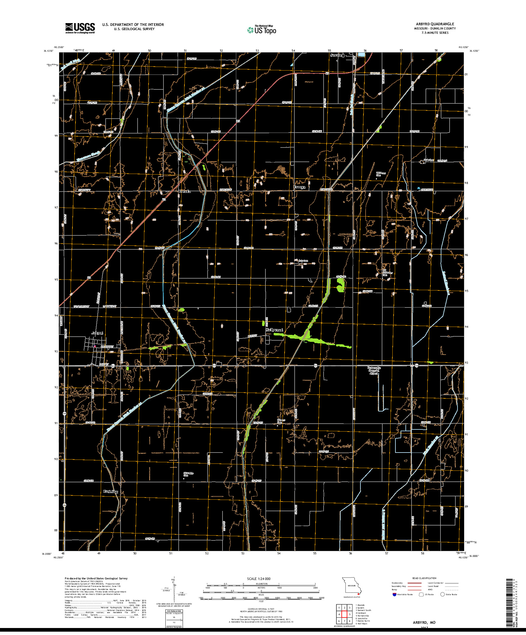USGS US TOPO 7.5-MINUTE MAP FOR ARBYRD, MO 2017