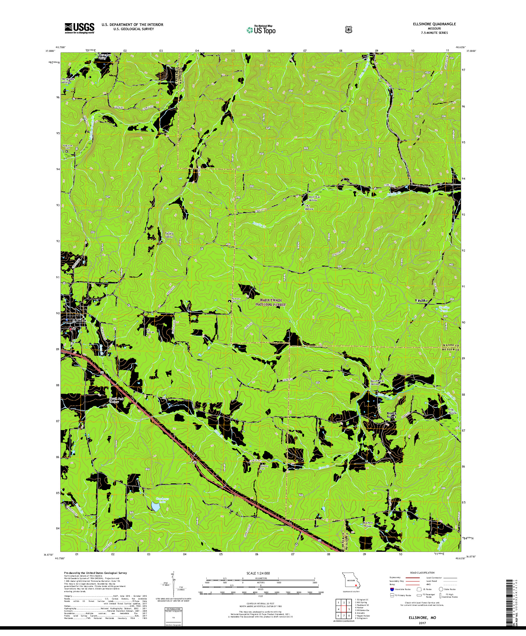 USGS US TOPO 7.5-MINUTE MAP FOR ELLSINORE, MO 2017
