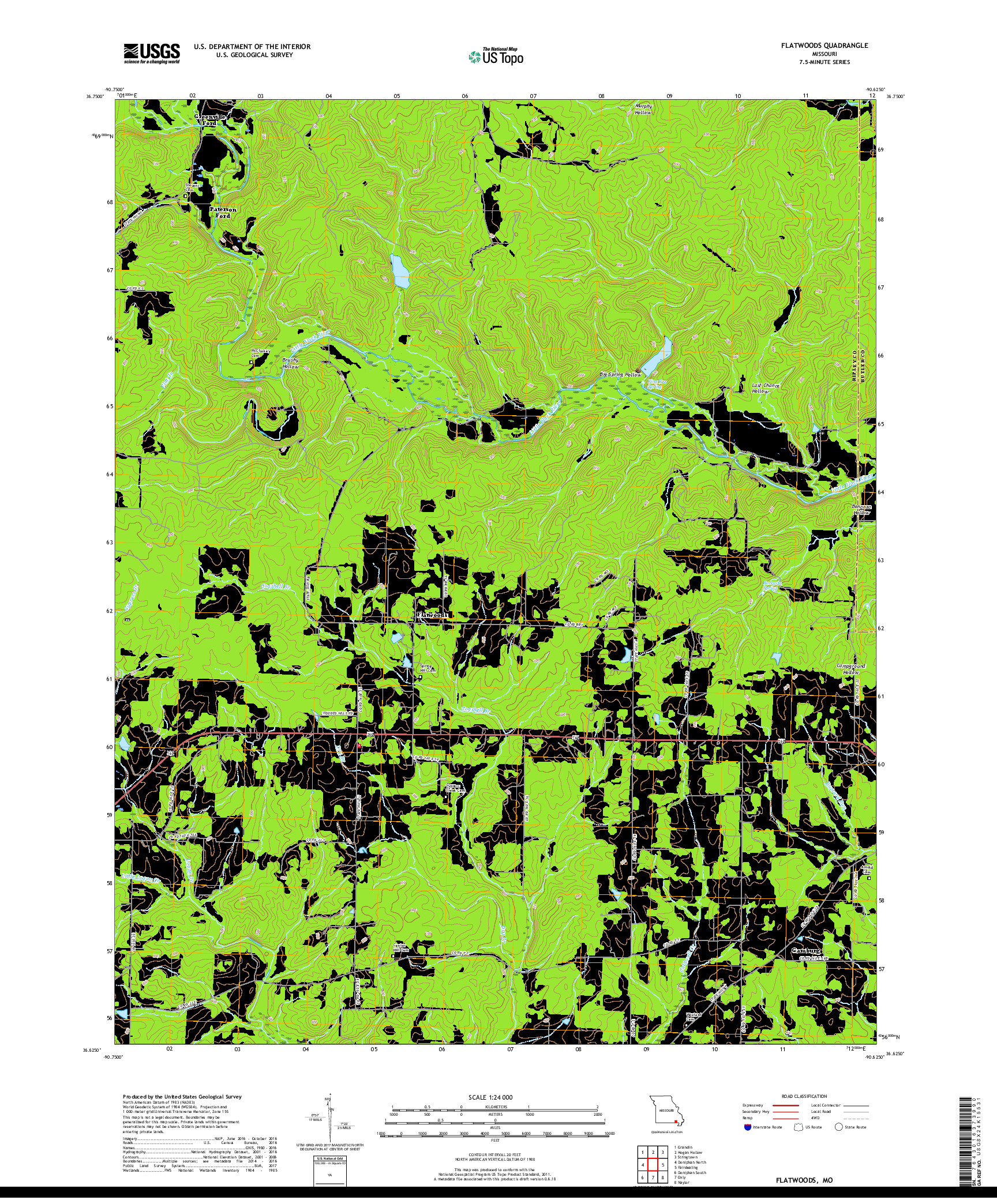 USGS US TOPO 7.5-MINUTE MAP FOR FLATWOODS, MO 2017