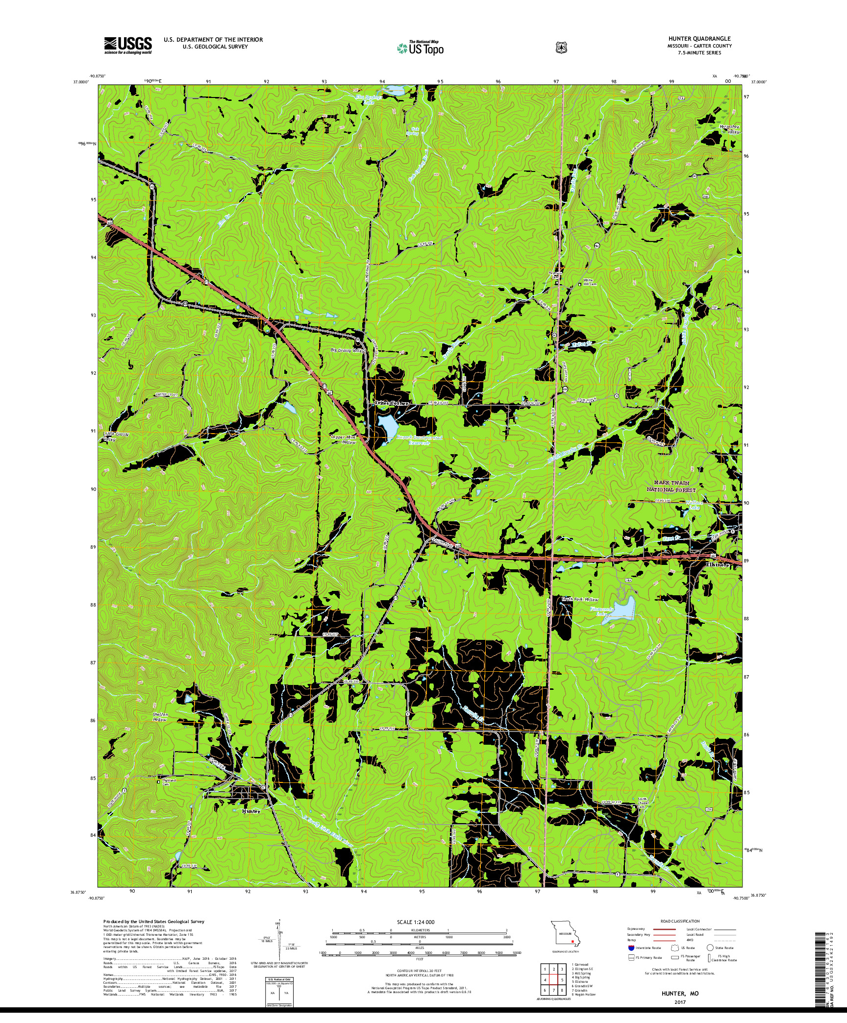 USGS US TOPO 7.5-MINUTE MAP FOR HUNTER, MO 2017