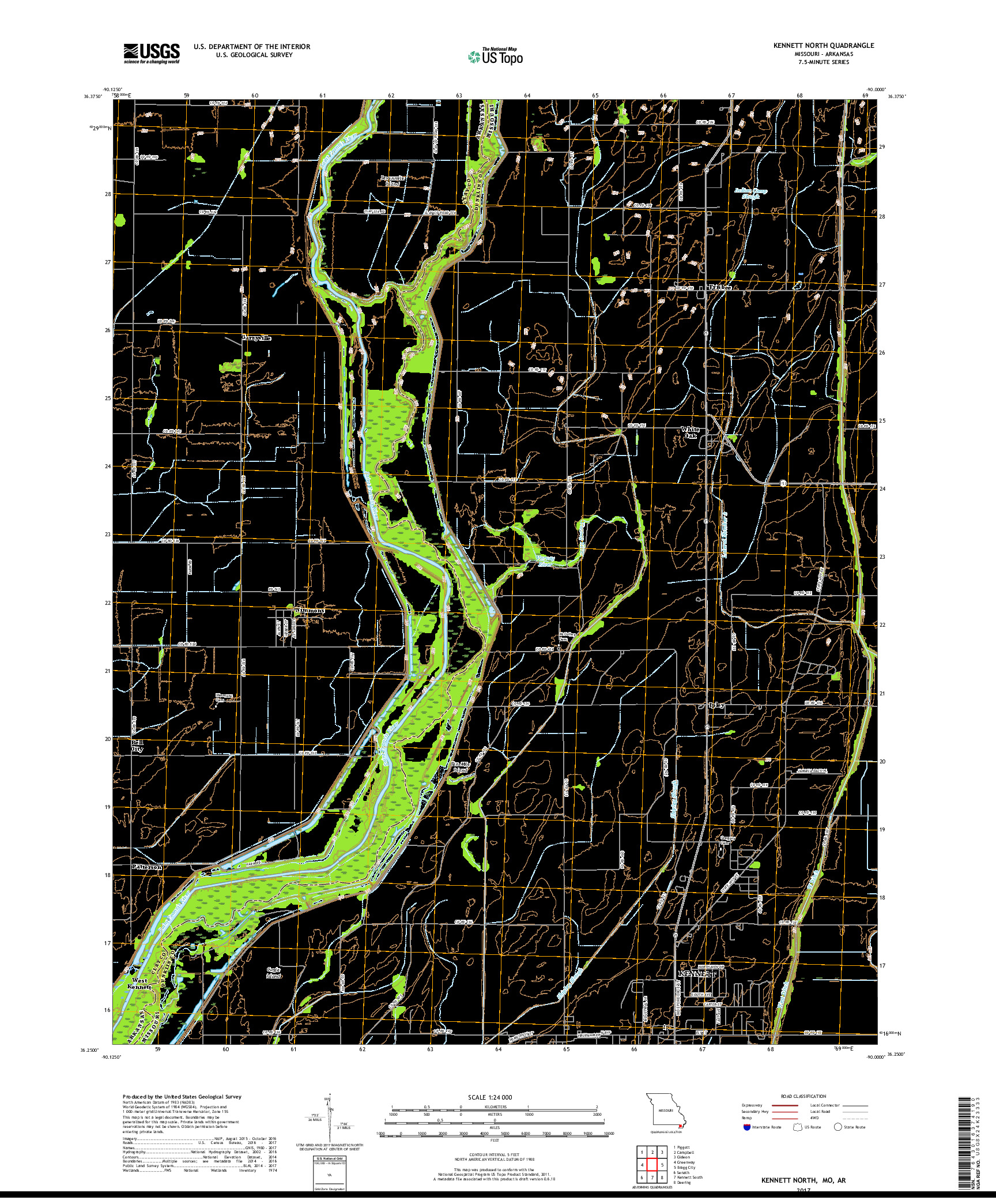 USGS US TOPO 7.5-MINUTE MAP FOR KENNETT NORTH, MO,AR 2017