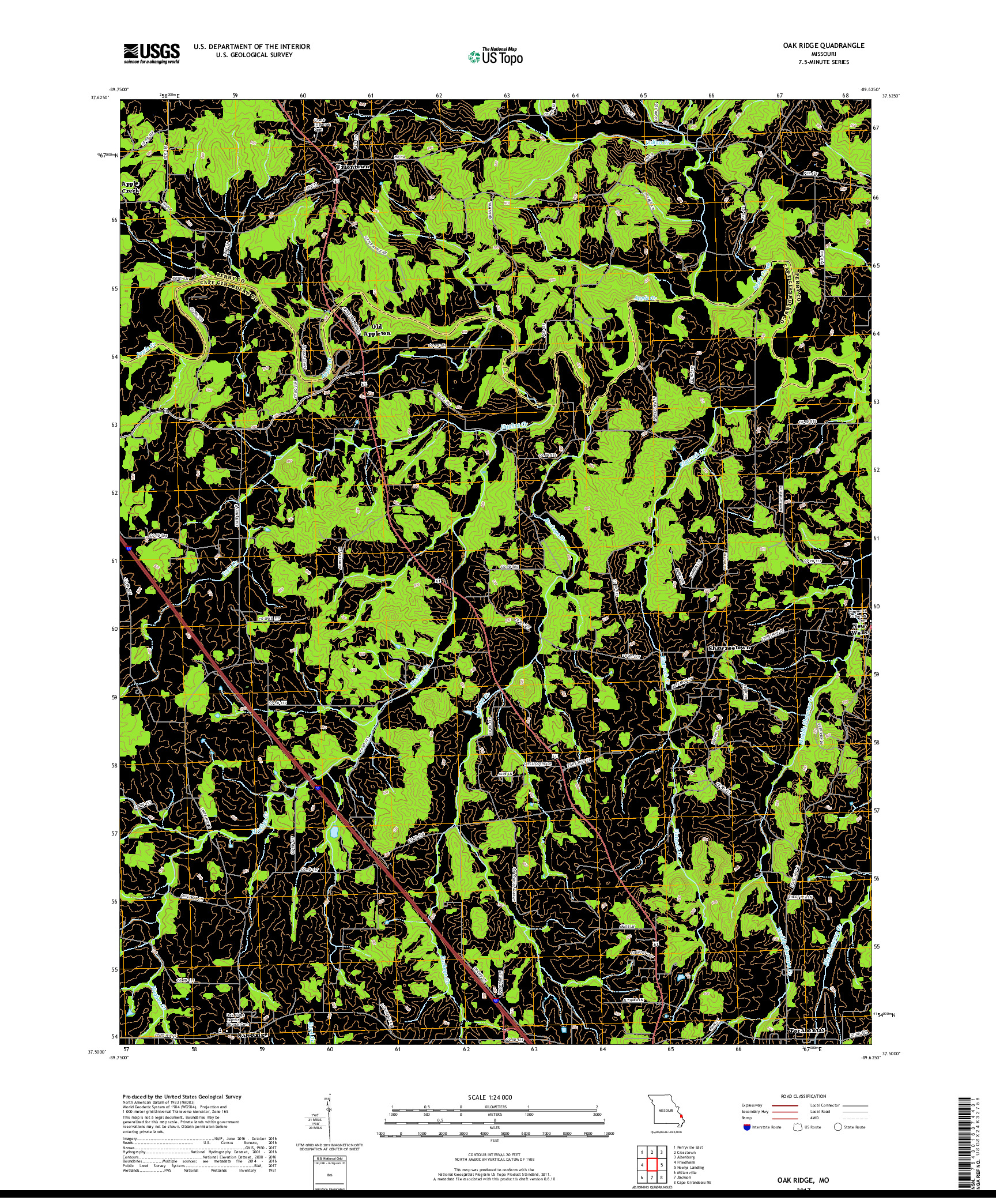 USGS US TOPO 7.5-MINUTE MAP FOR OAK RIDGE, MO 2017