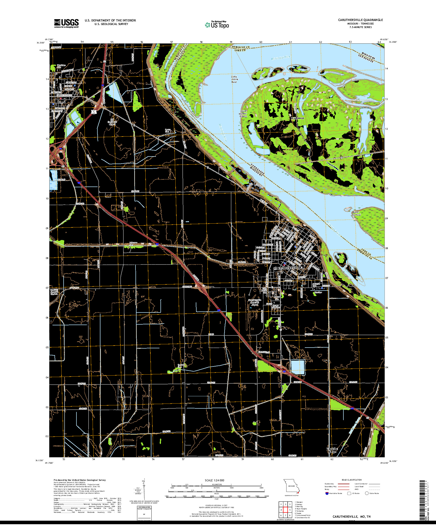 USGS US TOPO 7.5-MINUTE MAP FOR CARUTHERSVILLE, MO,TN 2017