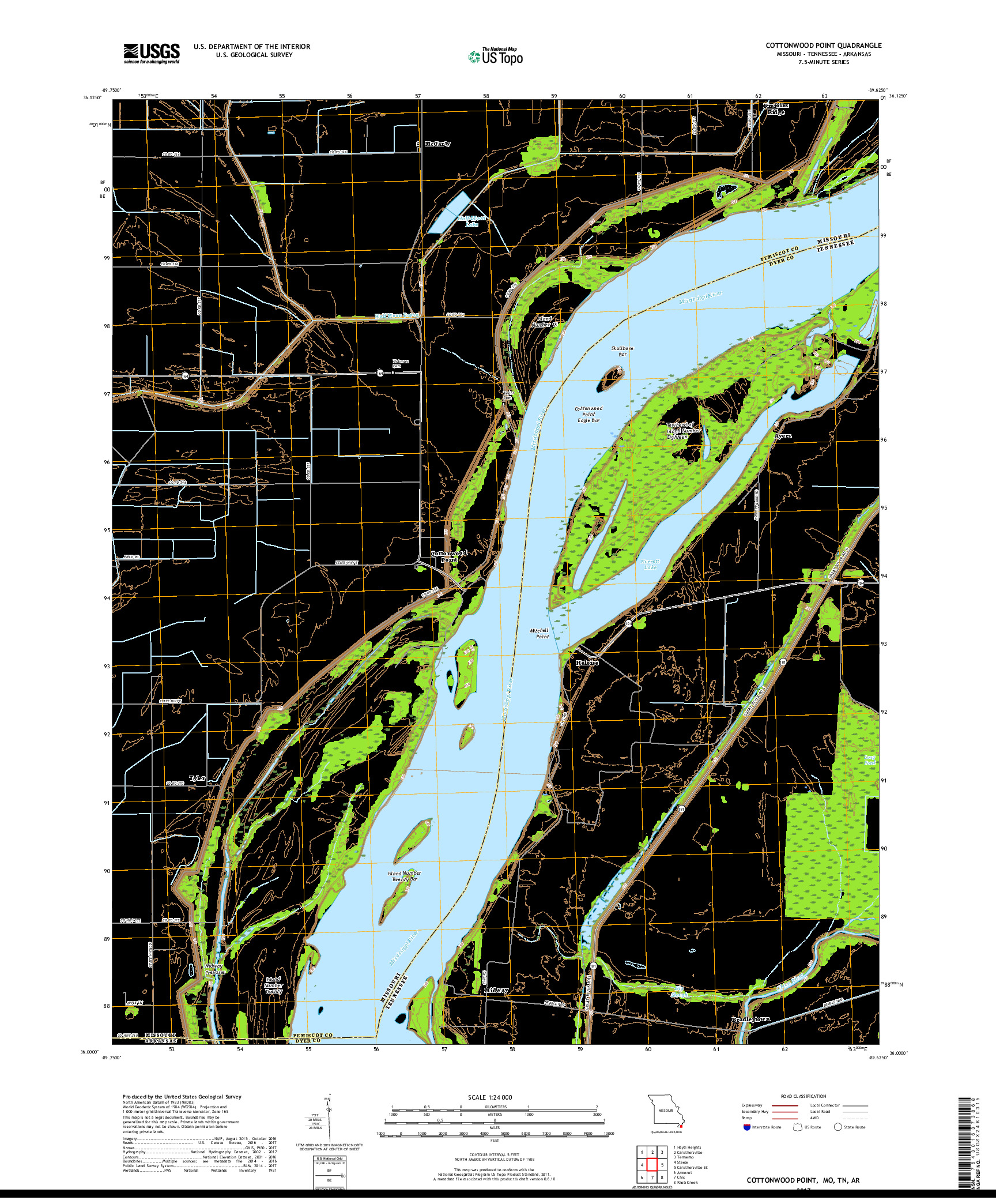 USGS US TOPO 7.5-MINUTE MAP FOR COTTONWOOD POINT, MO,TN,AR 2017