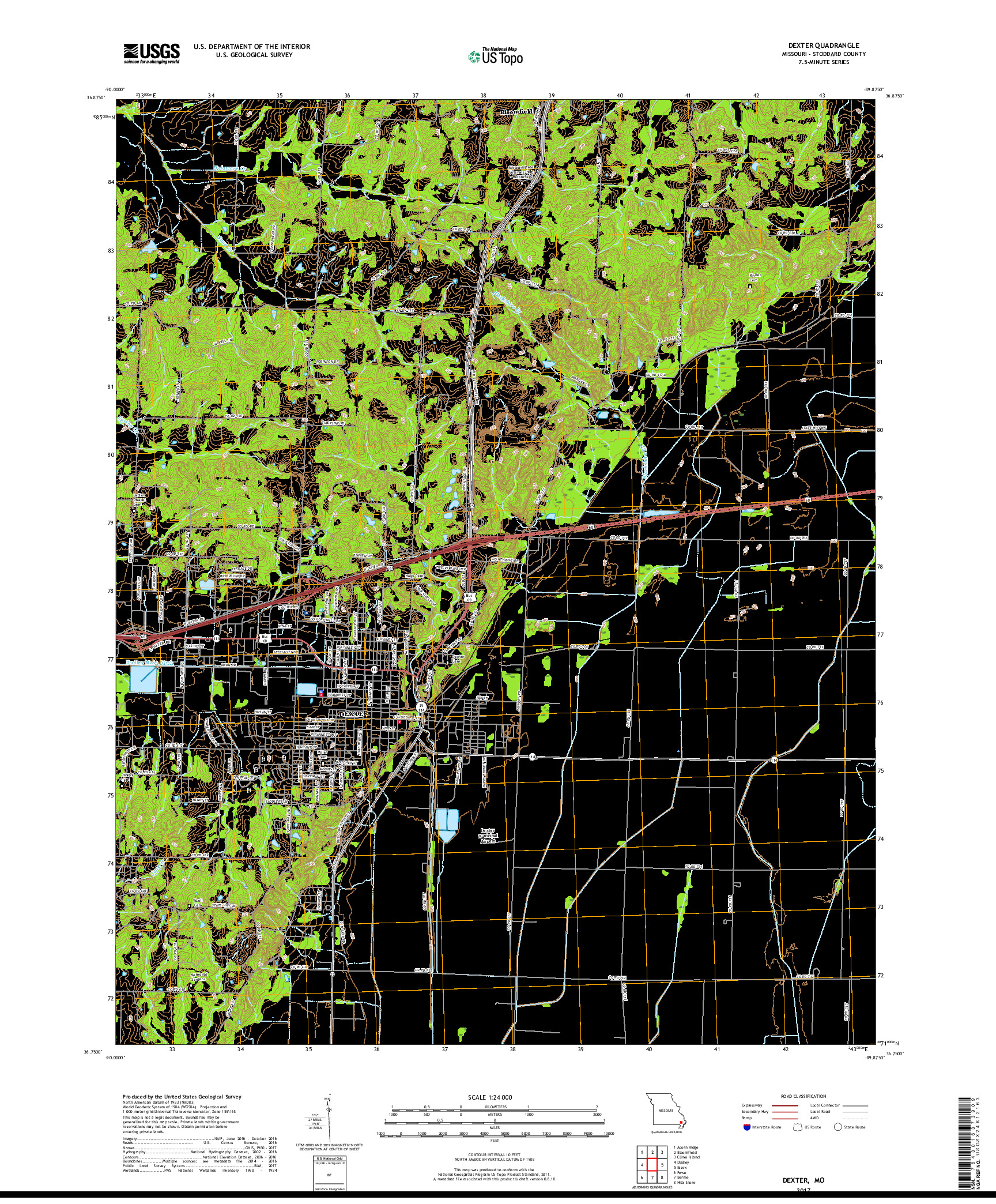 USGS US TOPO 7.5-MINUTE MAP FOR DEXTER, MO 2017