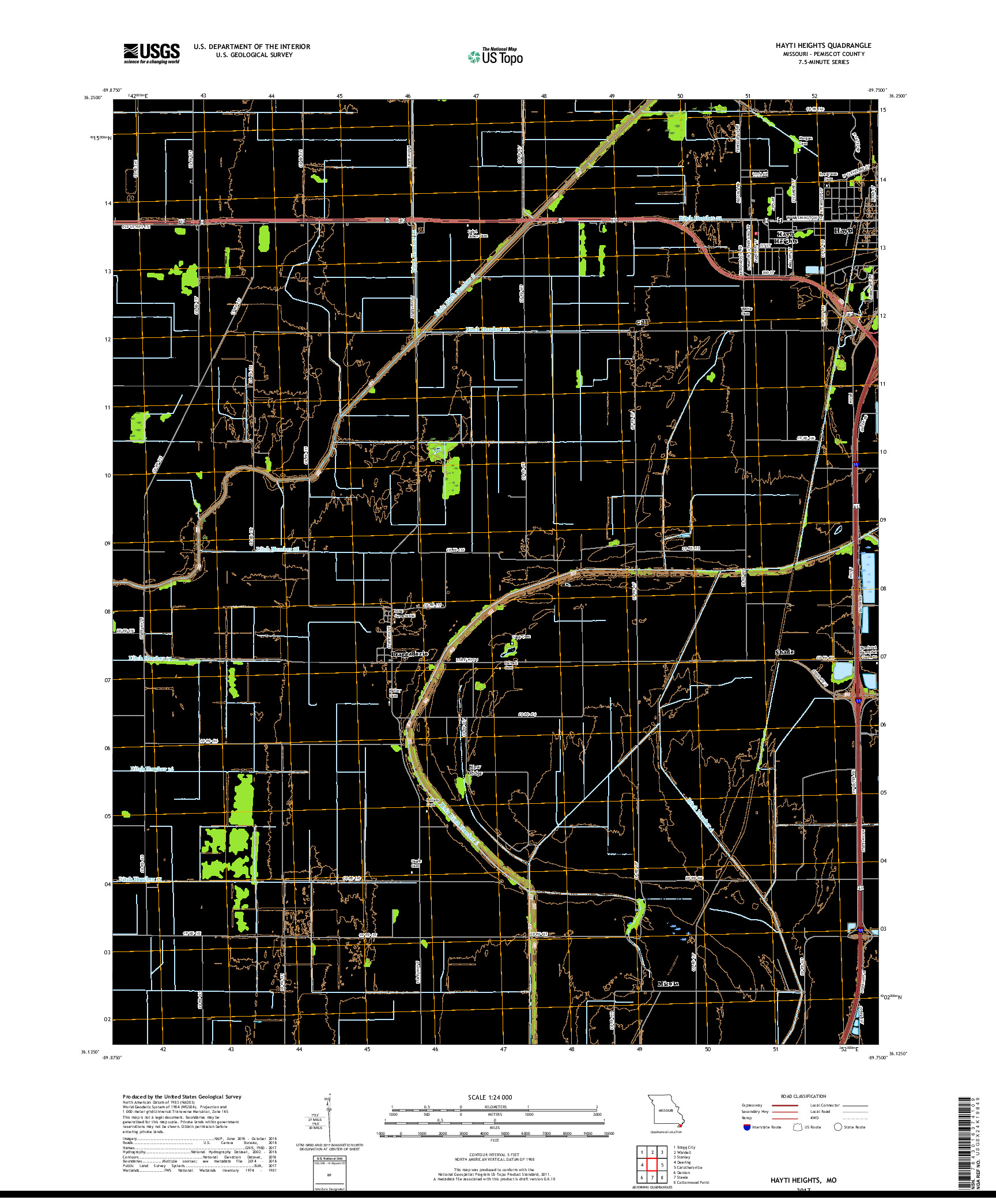 USGS US TOPO 7.5-MINUTE MAP FOR HAYTI HEIGHTS, MO 2017