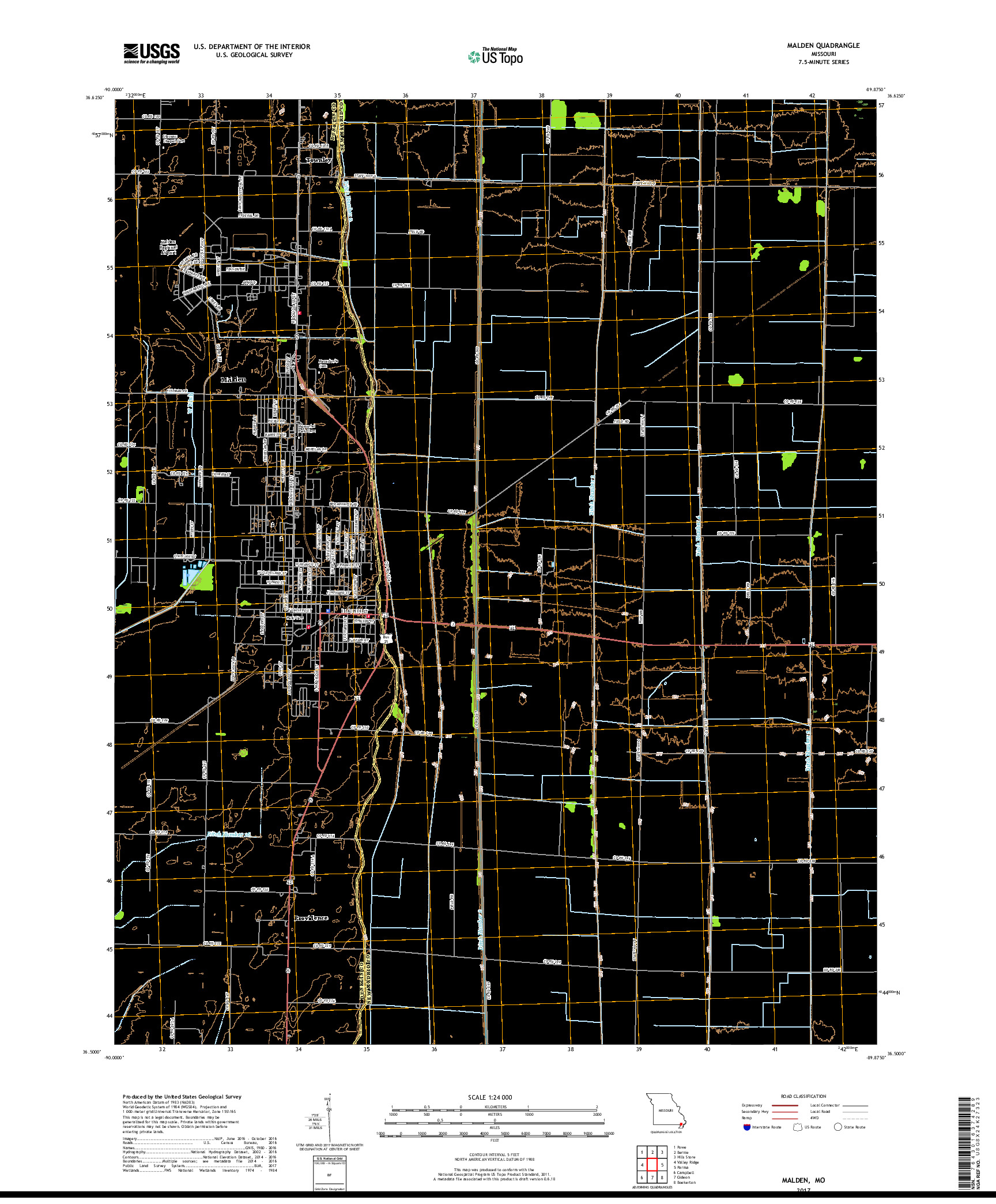 USGS US TOPO 7.5-MINUTE MAP FOR MALDEN, MO 2017