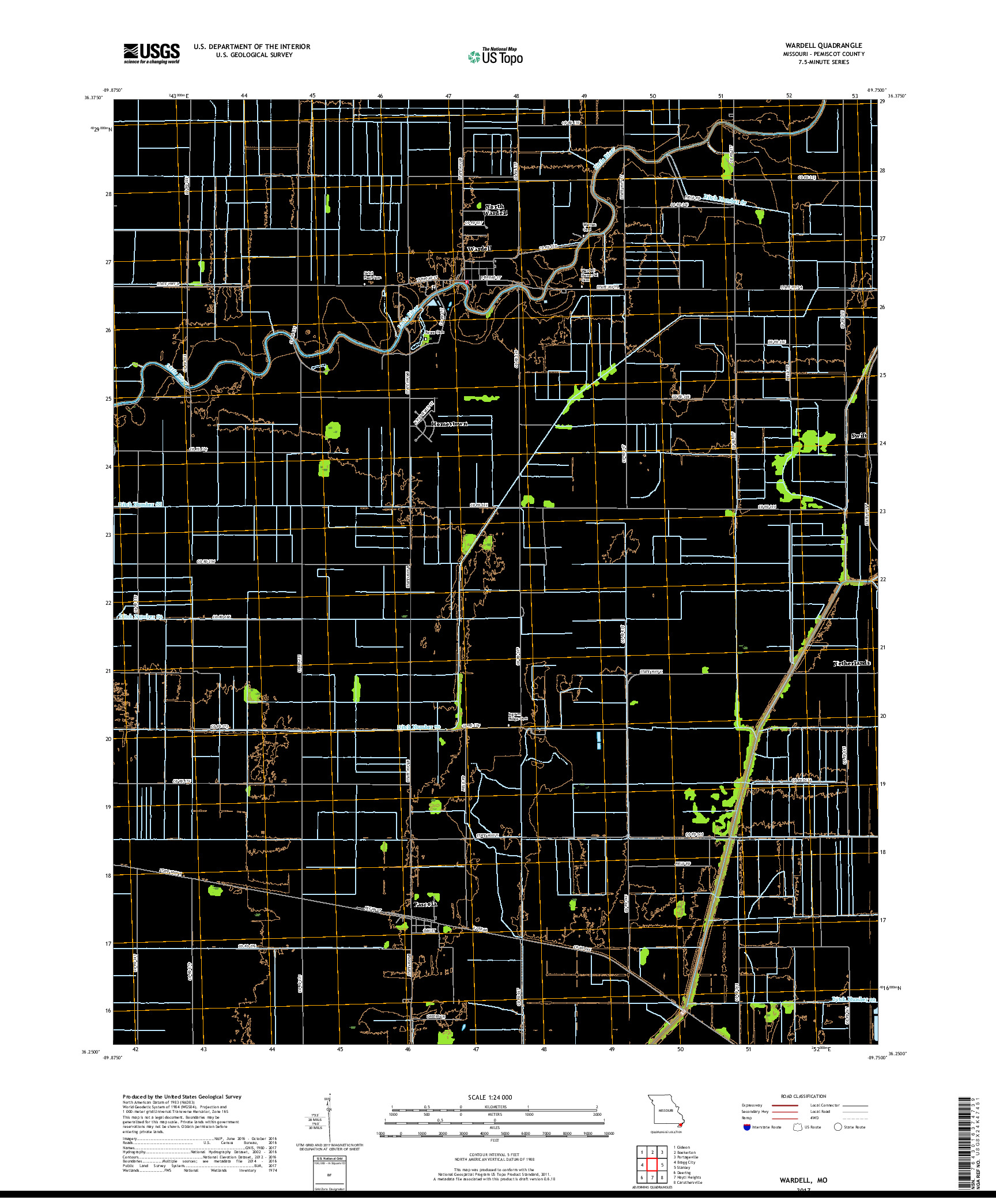 USGS US TOPO 7.5-MINUTE MAP FOR WARDELL, MO 2017