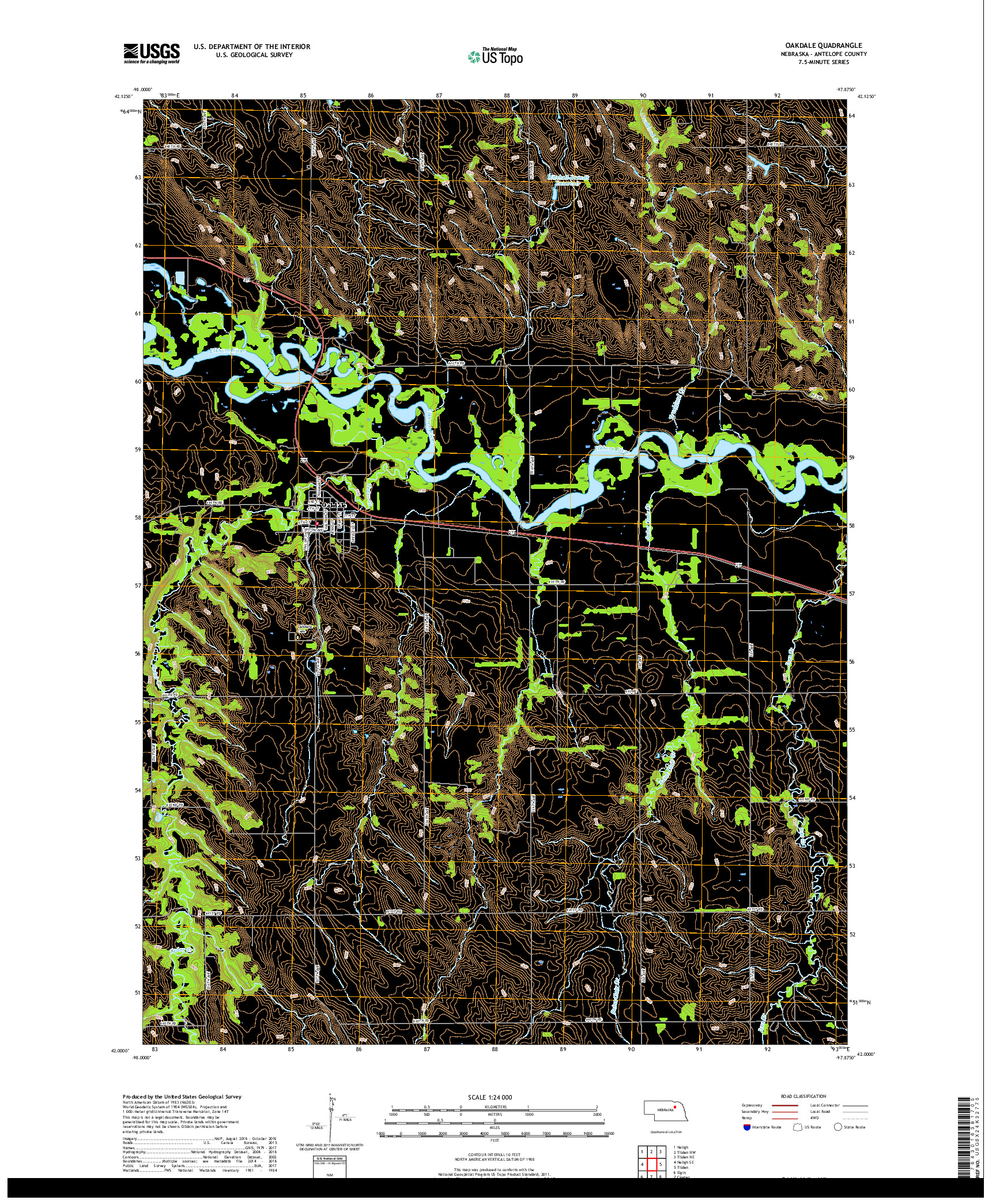 USGS US TOPO 7.5-MINUTE MAP FOR OAKDALE, NE 2017