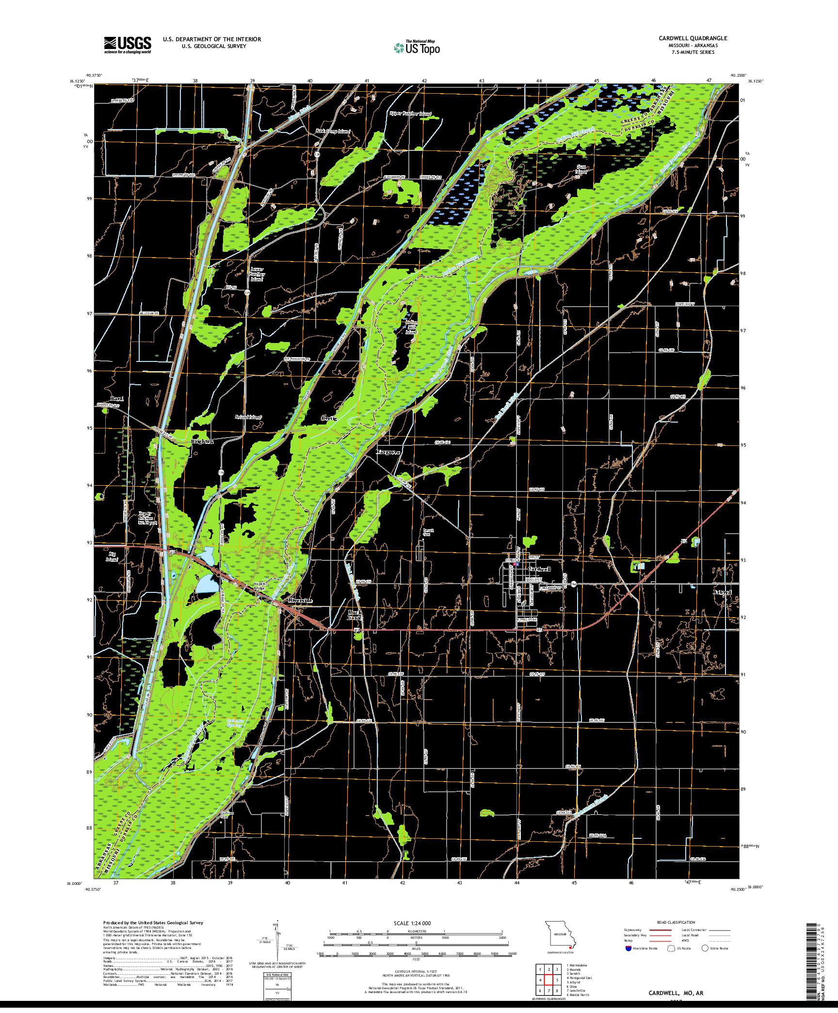 USGS US TOPO 7.5-MINUTE MAP FOR CARDWELL, MO,AR 2017