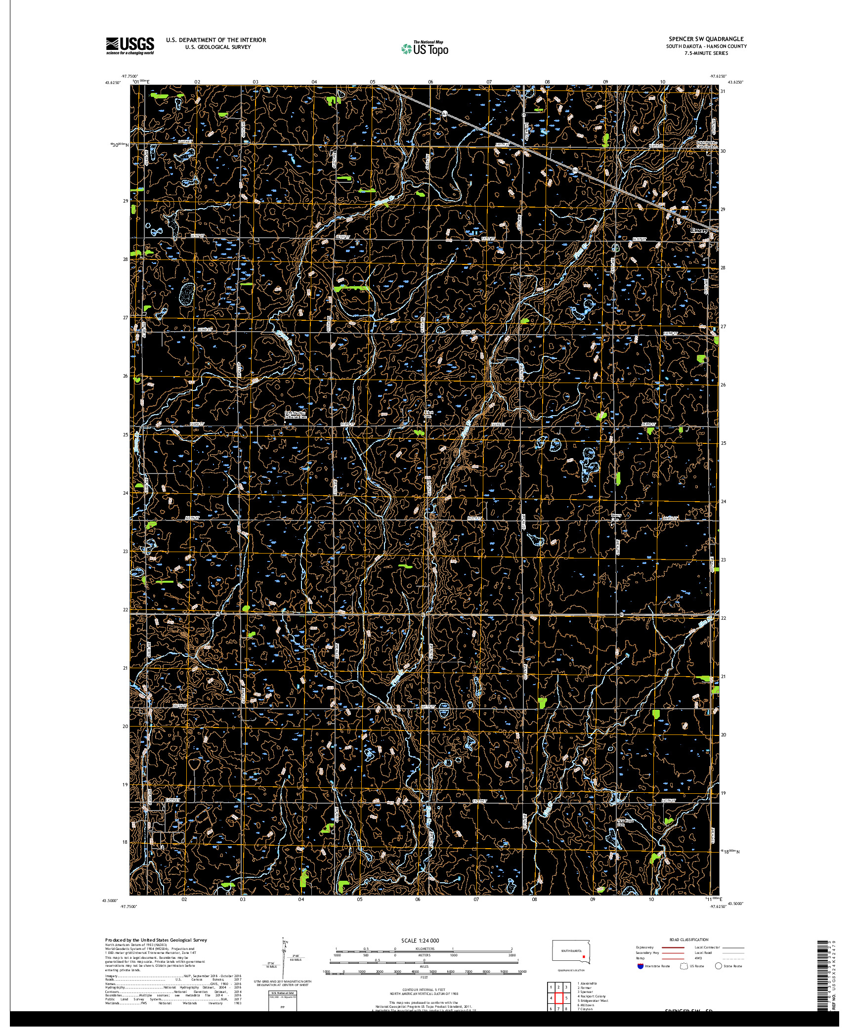 USGS US TOPO 7.5-MINUTE MAP FOR SPENCER SW, SD 2017