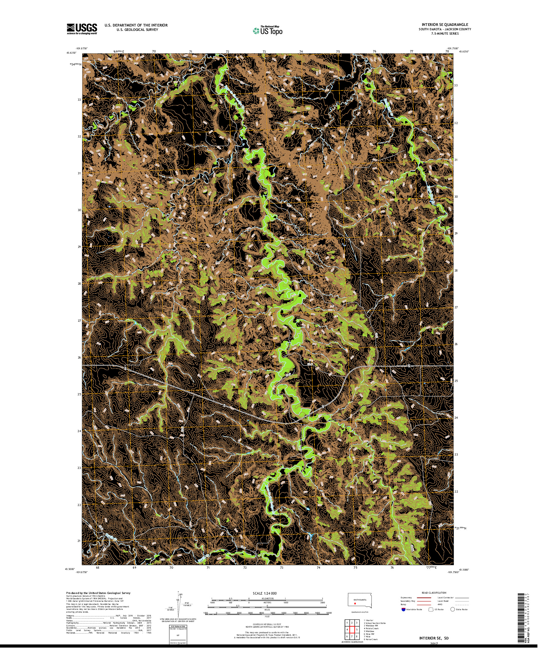 USGS US TOPO 7.5-MINUTE MAP FOR INTERIOR SE, SD 2017