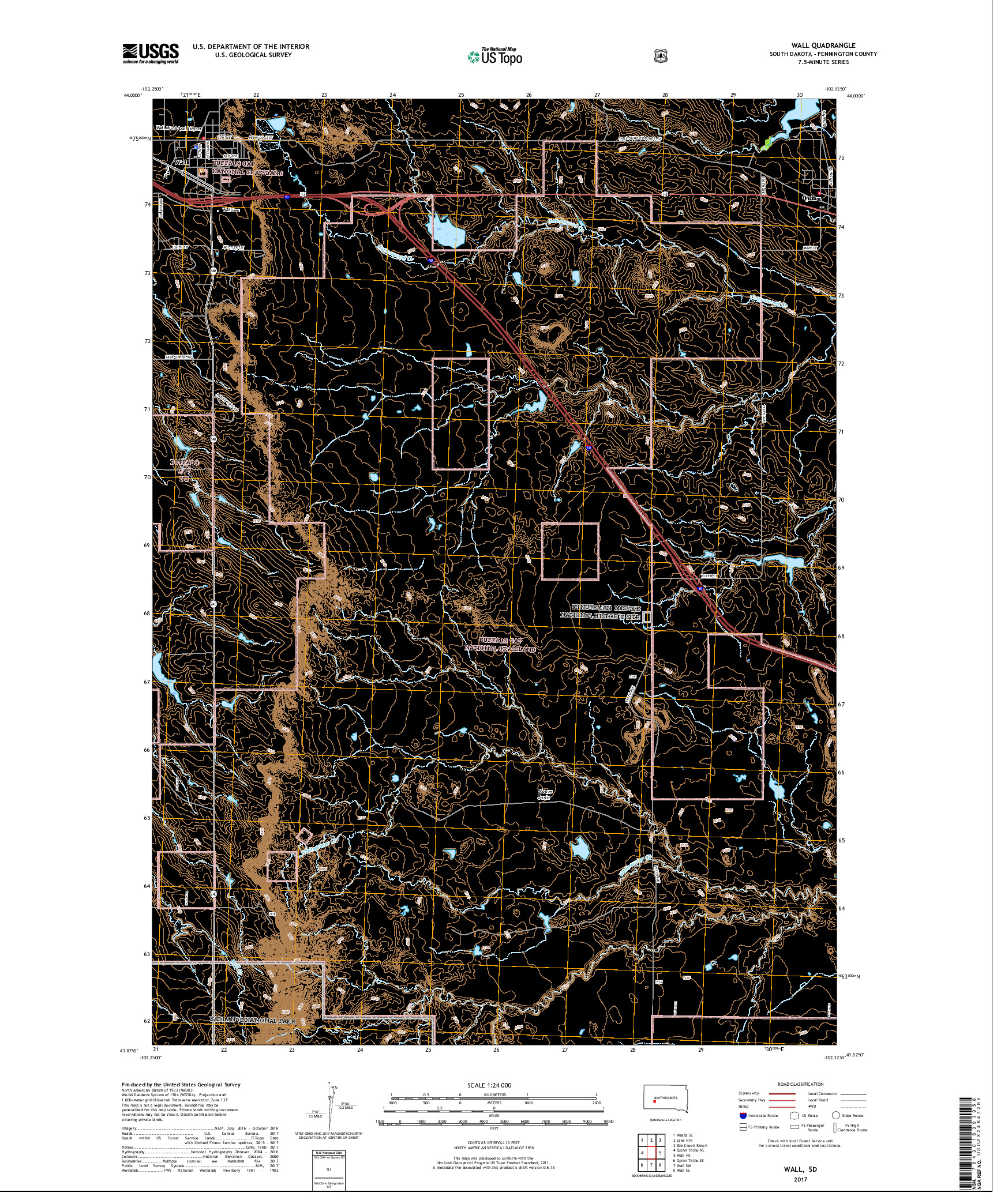 USGS US TOPO 7.5-MINUTE MAP FOR WALL, SD 2017