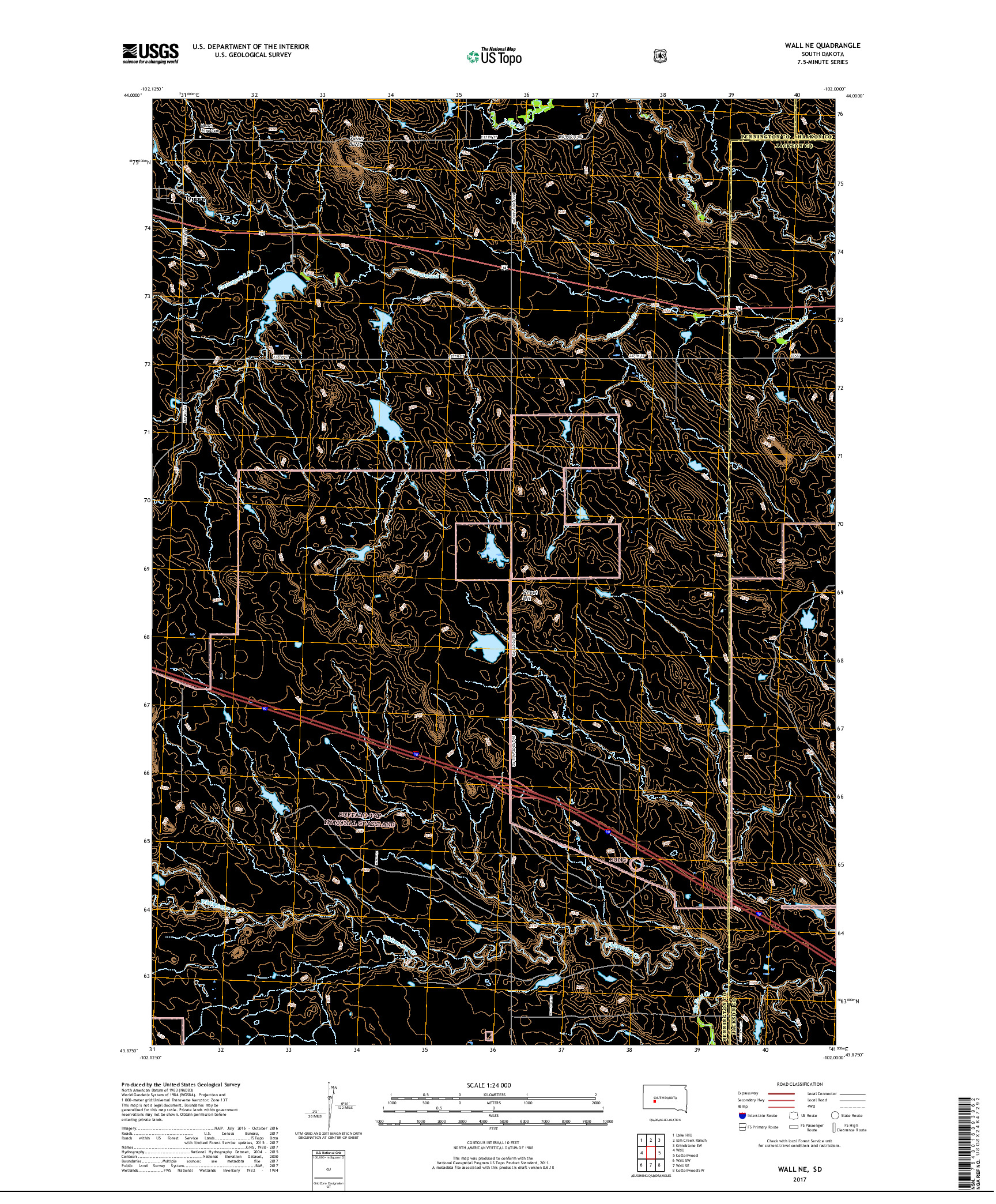 USGS US TOPO 7.5-MINUTE MAP FOR WALL NE, SD 2017