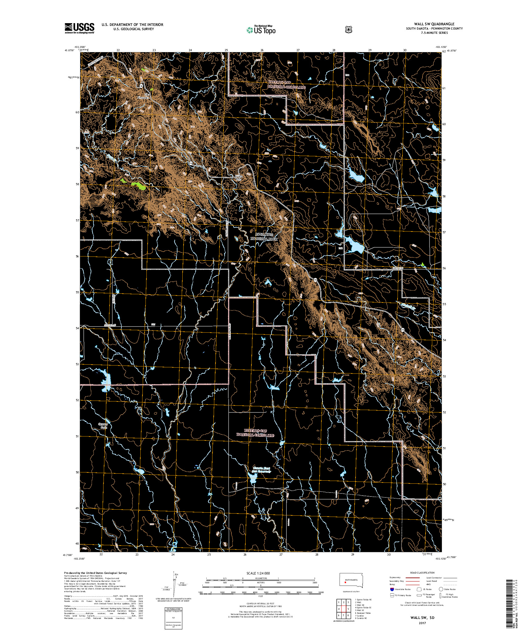 USGS US TOPO 7.5-MINUTE MAP FOR WALL SW, SD 2017