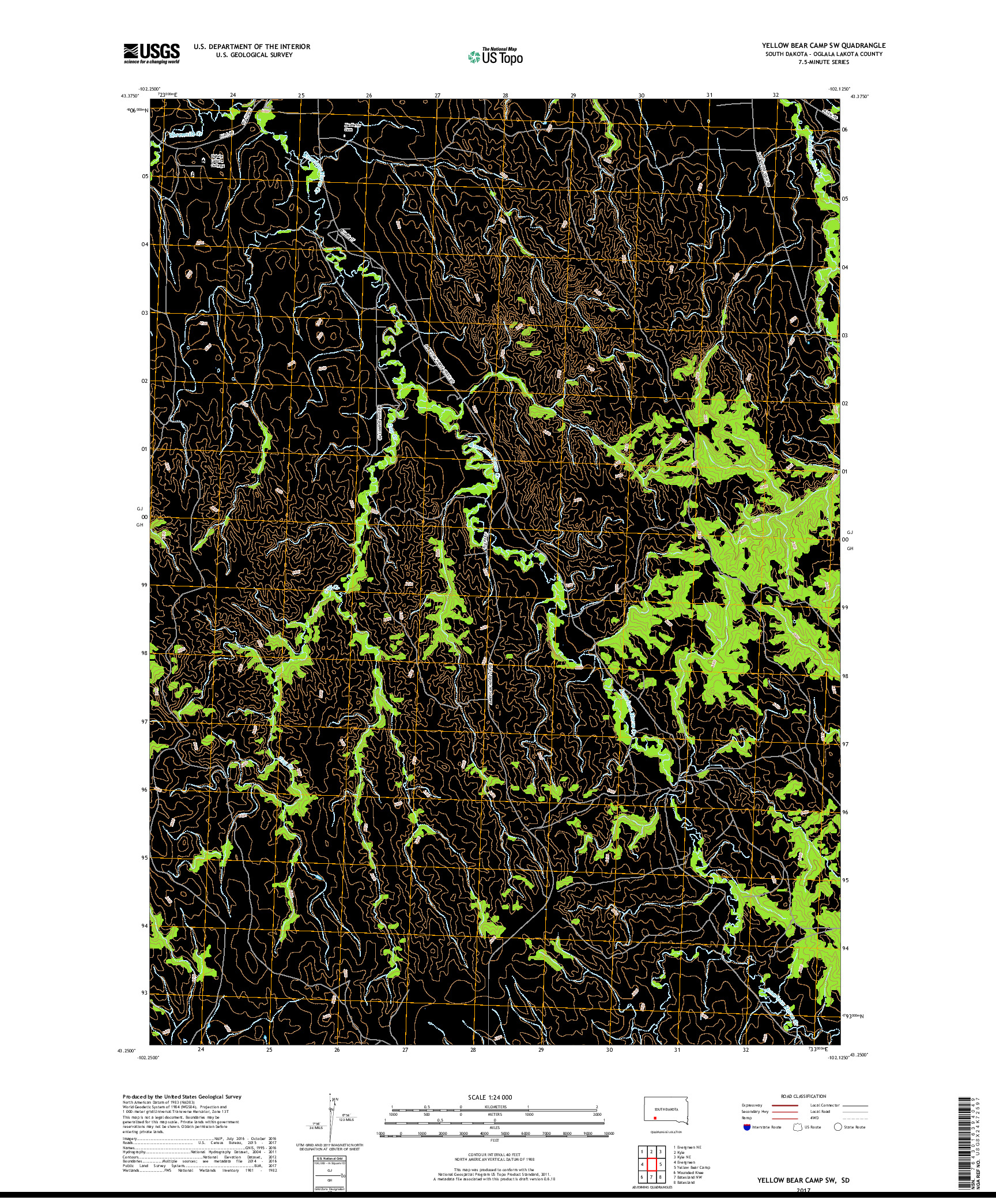 USGS US TOPO 7.5-MINUTE MAP FOR YELLOW BEAR CAMP SW, SD 2017