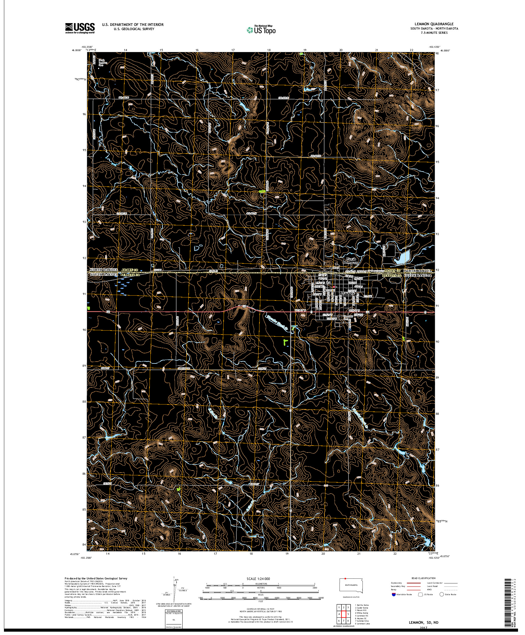 USGS US TOPO 7.5-MINUTE MAP FOR LEMMON, SD,ND 2017