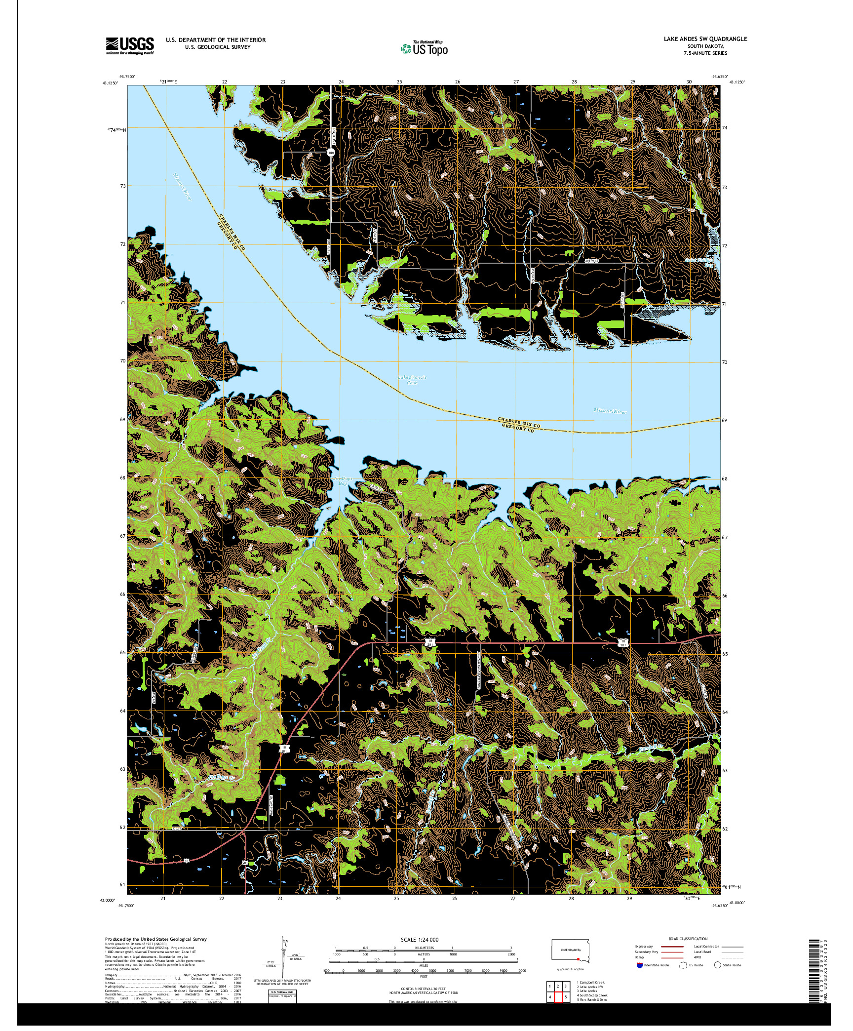 USGS US TOPO 7.5-MINUTE MAP FOR LAKE ANDES SW, SD 2017