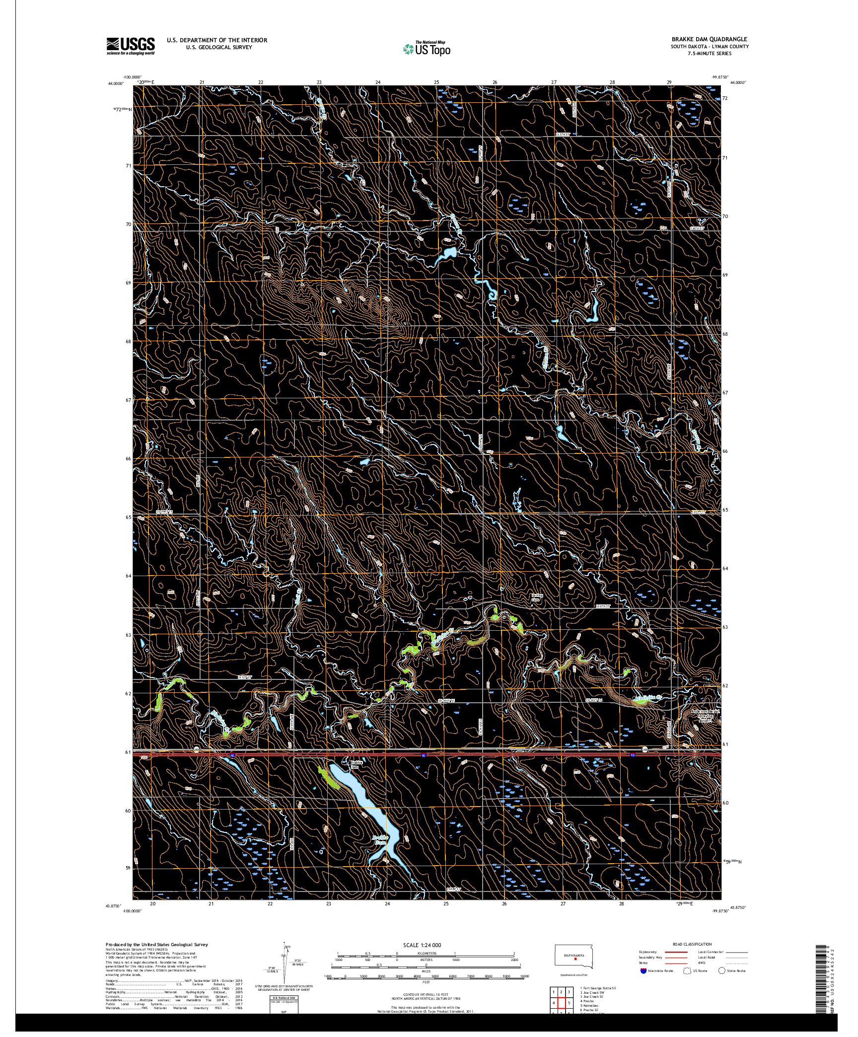 USGS US TOPO 7.5-MINUTE MAP FOR BRAKKE DAM, SD 2017