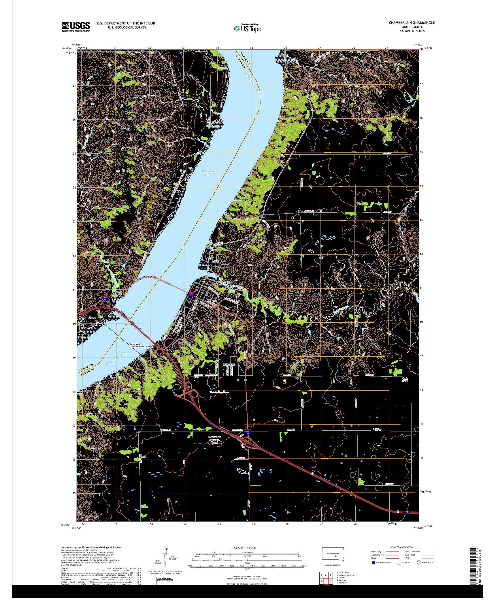 USGS US TOPO 7.5-MINUTE MAP FOR CHAMBERLAIN, SD 2017