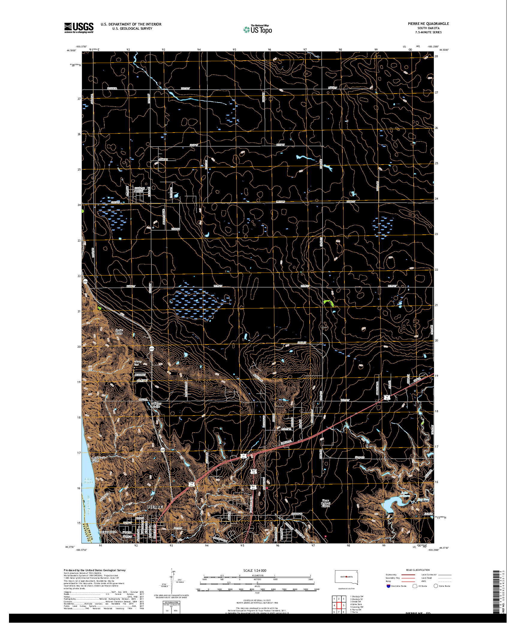 USGS US TOPO 7.5-MINUTE MAP FOR PIERRE NE, SD 2017