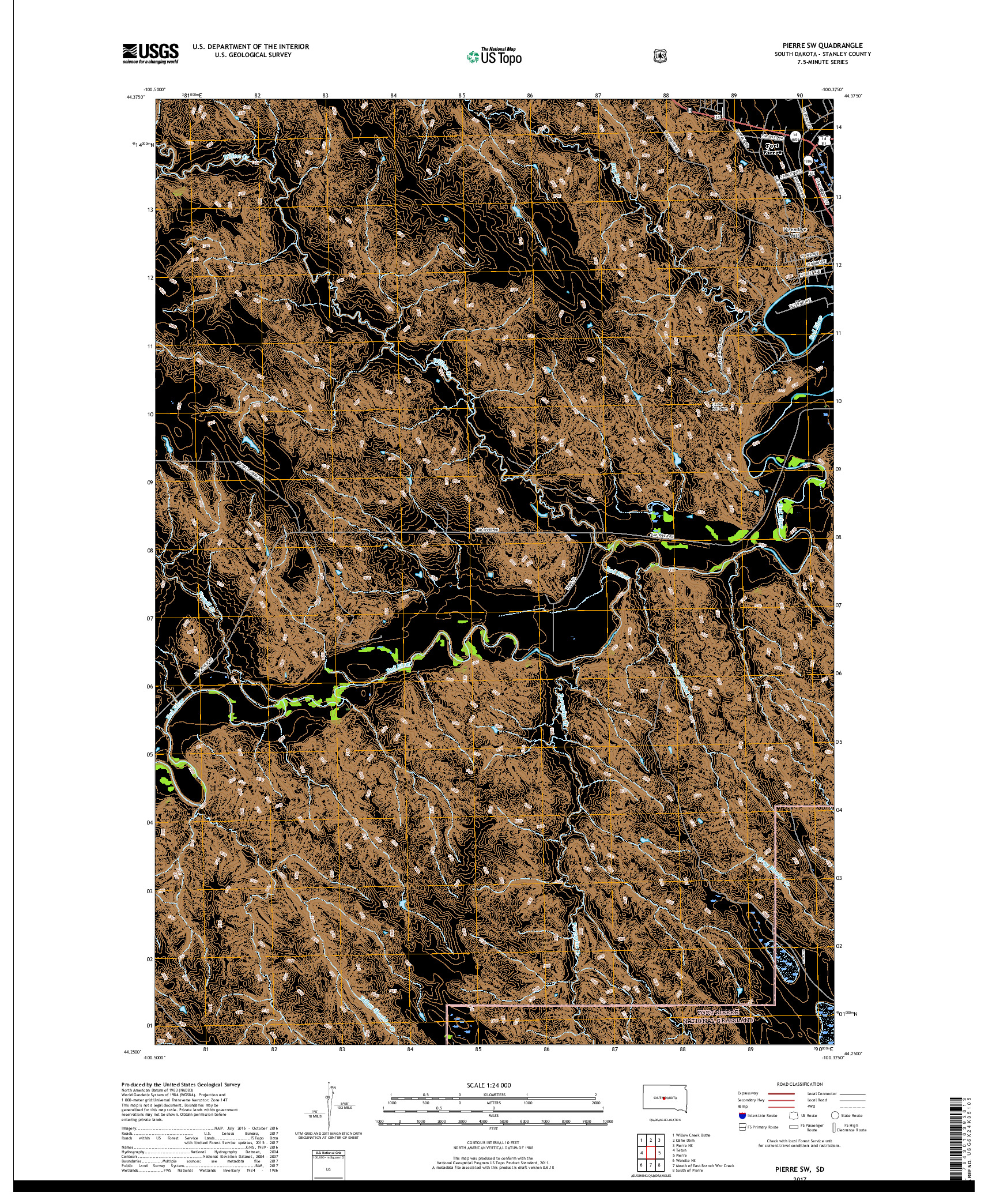 USGS US TOPO 7.5-MINUTE MAP FOR PIERRE SW, SD 2017