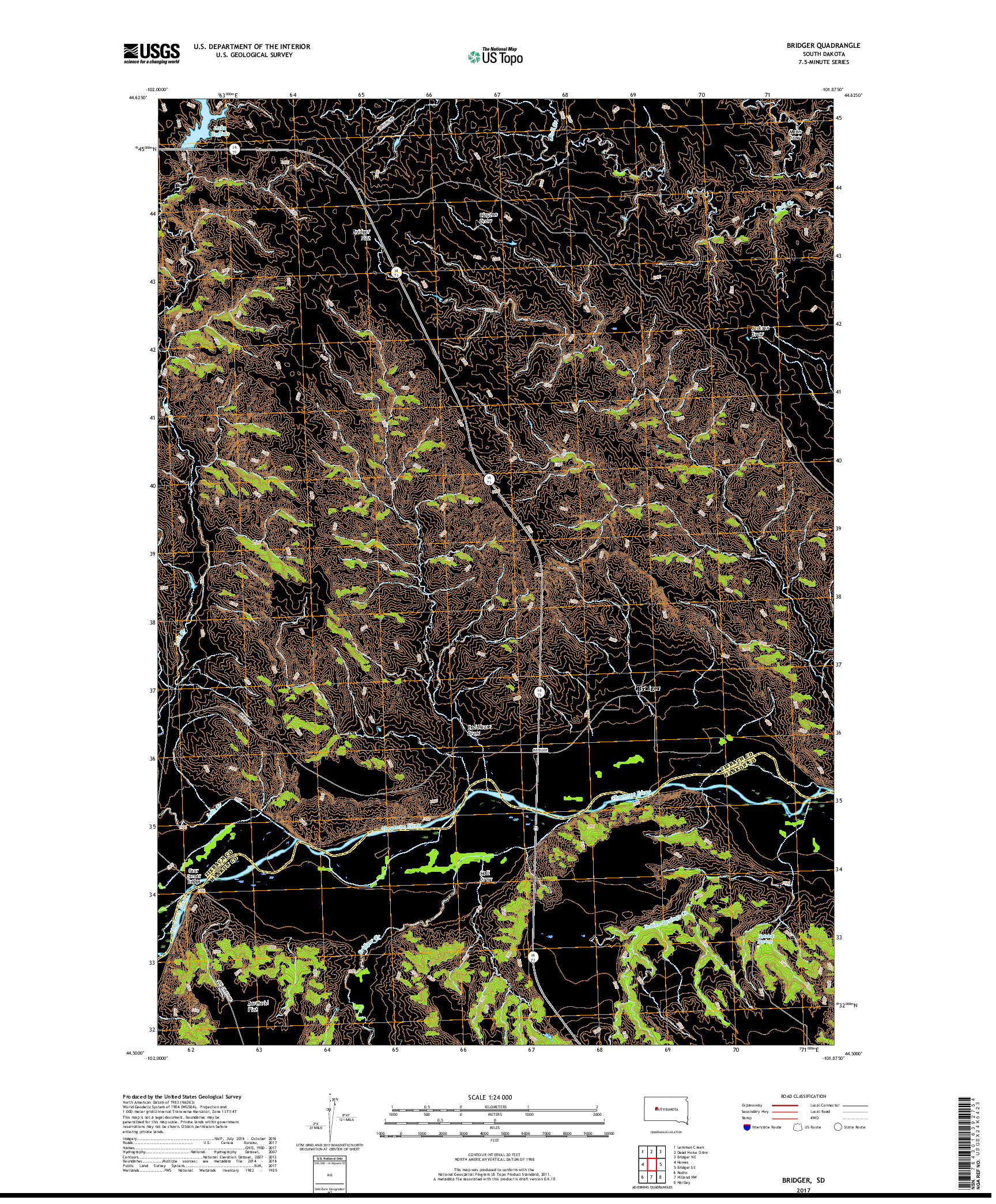 USGS US TOPO 7.5-MINUTE MAP FOR BRIDGER, SD 2017