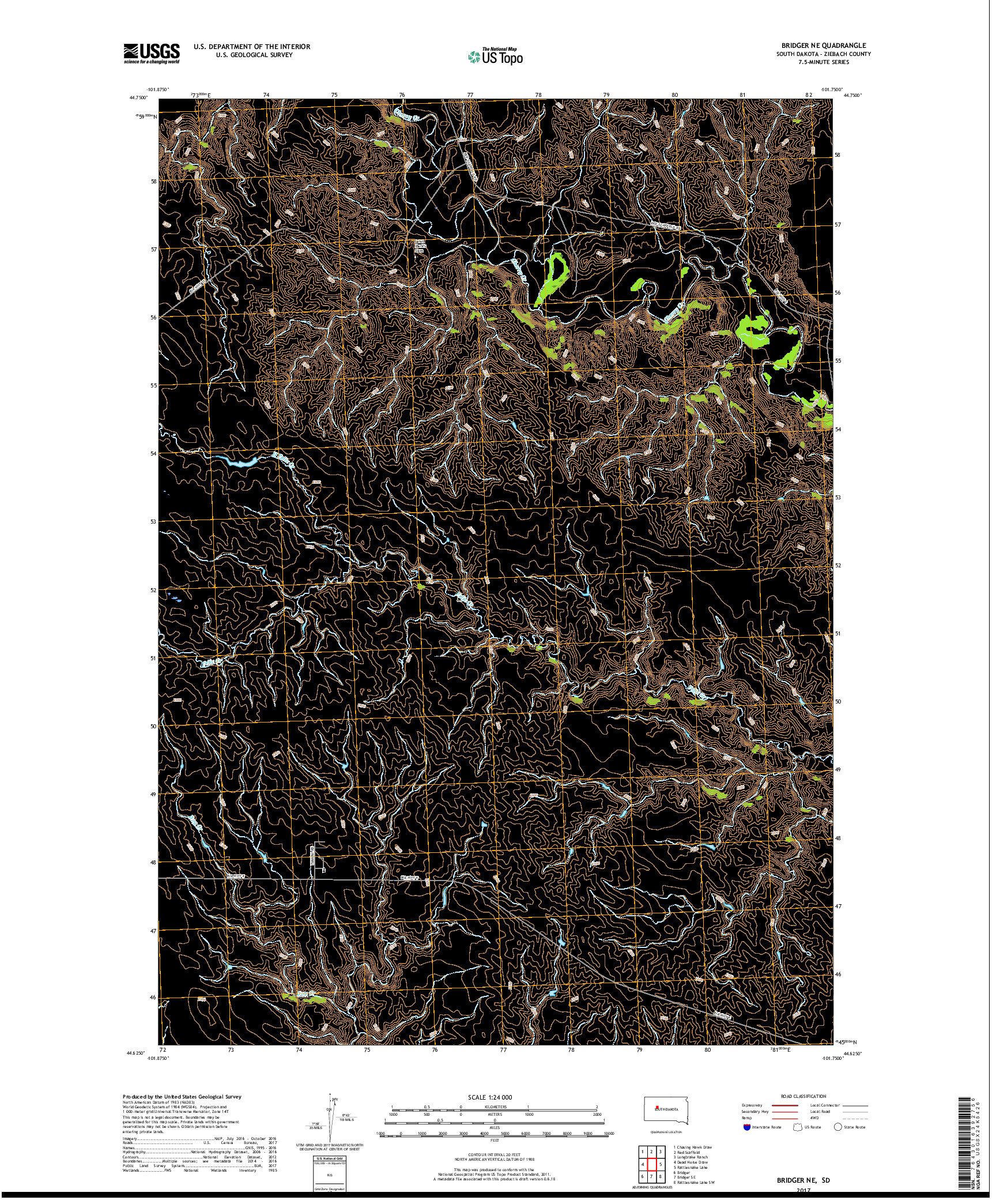 USGS US TOPO 7.5-MINUTE MAP FOR BRIDGER NE, SD 2017