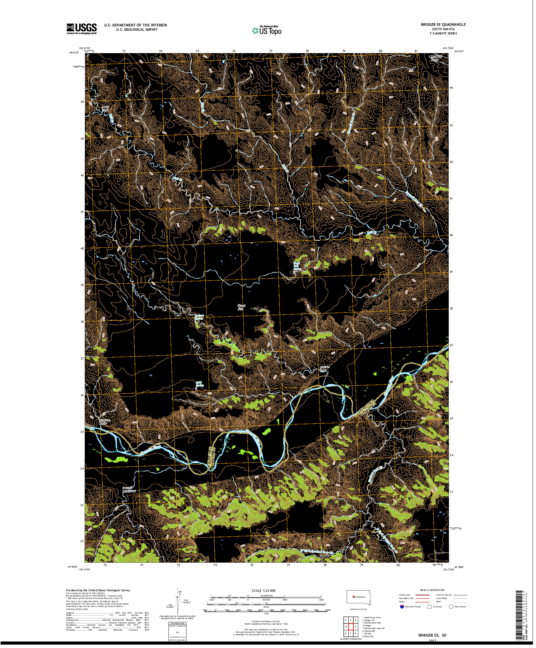 USGS US TOPO 7.5-MINUTE MAP FOR BRIDGER SE, SD 2017