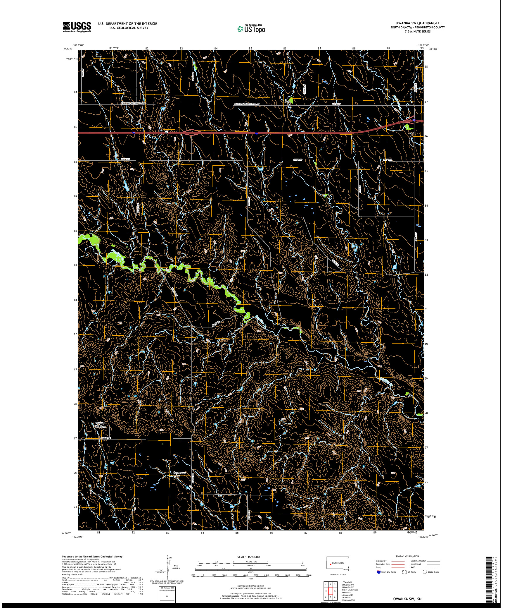 USGS US TOPO 7.5-MINUTE MAP FOR OWANKA SW, SD 2017