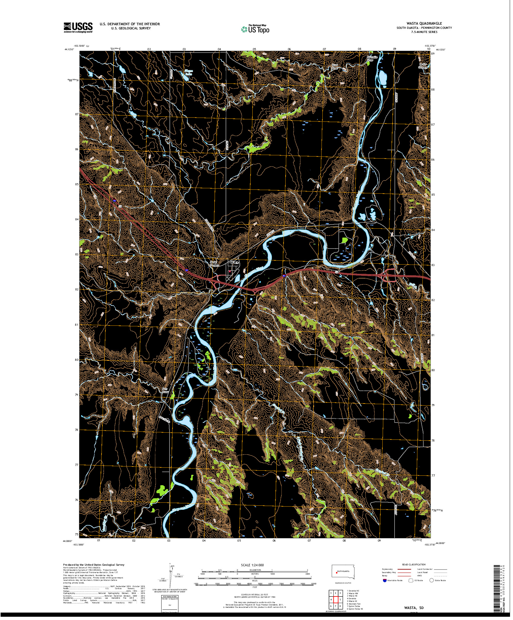 USGS US TOPO 7.5-MINUTE MAP FOR WASTA, SD 2017