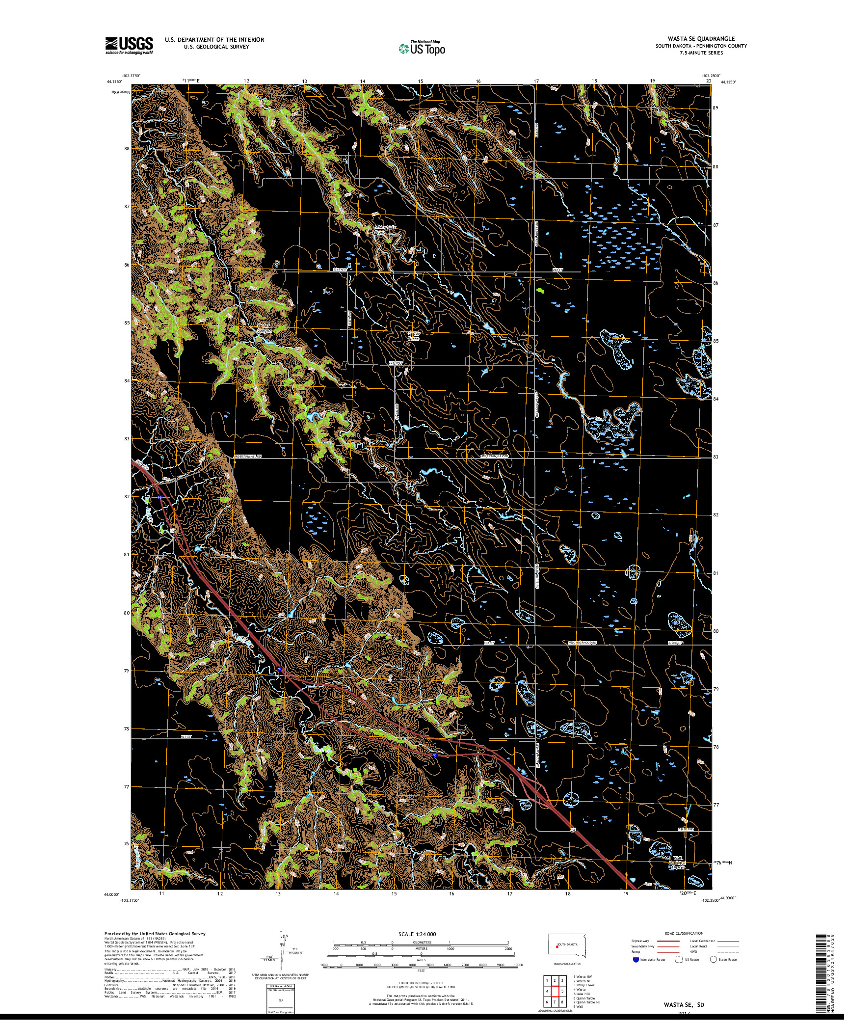 USGS US TOPO 7.5-MINUTE MAP FOR WASTA SE, SD 2017