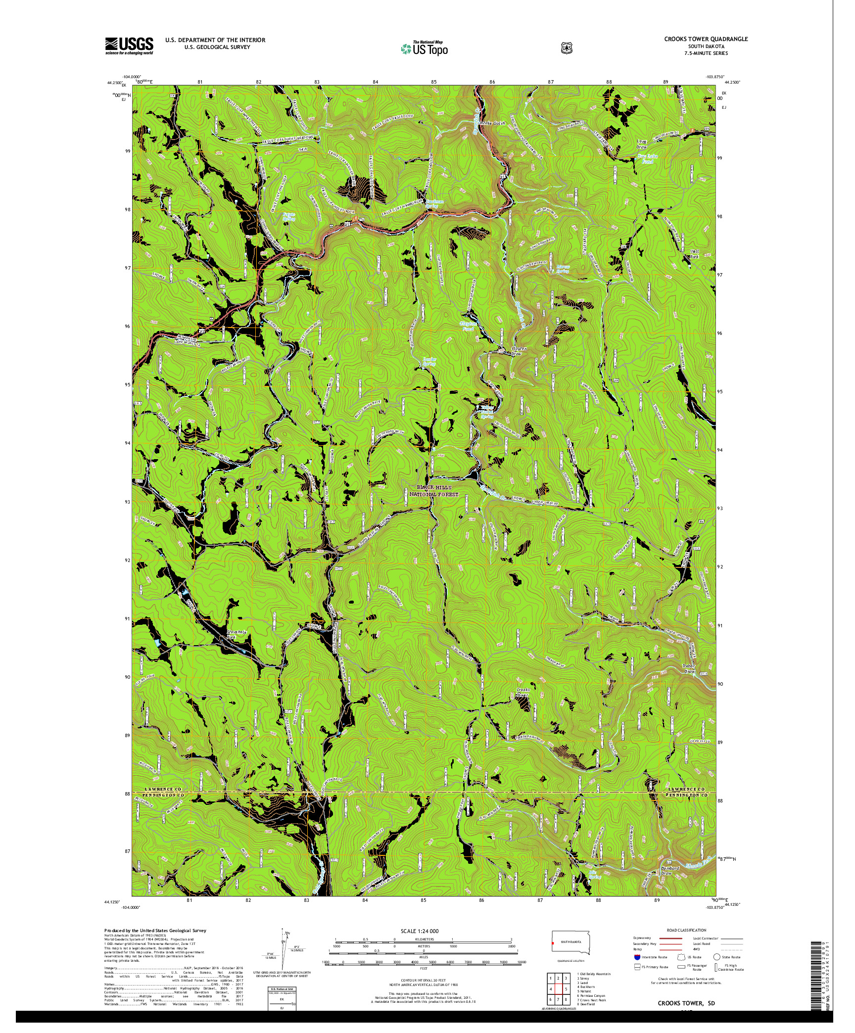 USGS US TOPO 7.5-MINUTE MAP FOR CROOKS TOWER, SD 2017