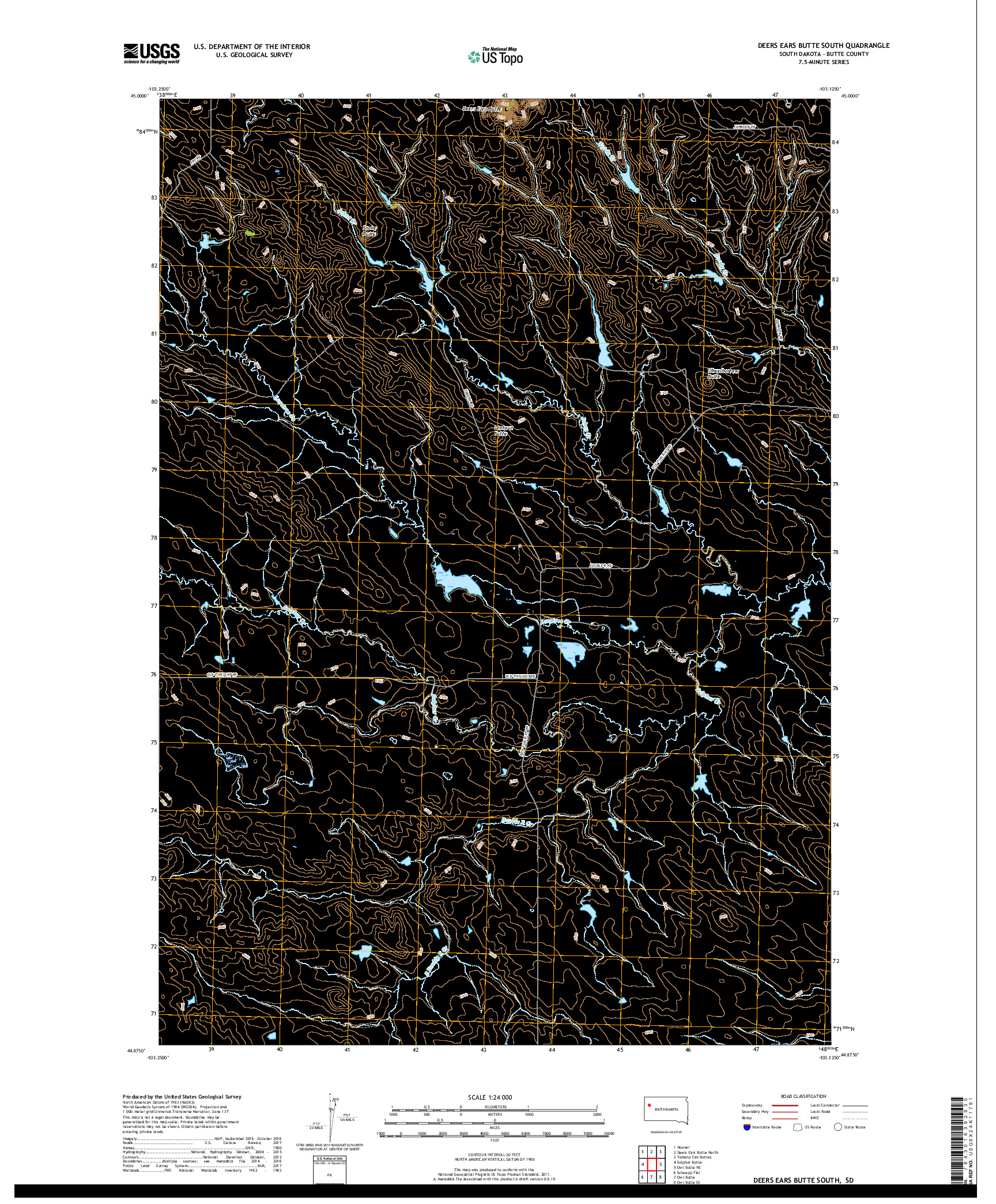 USGS US TOPO 7.5-MINUTE MAP FOR DEERS EARS BUTTE SOUTH, SD 2017