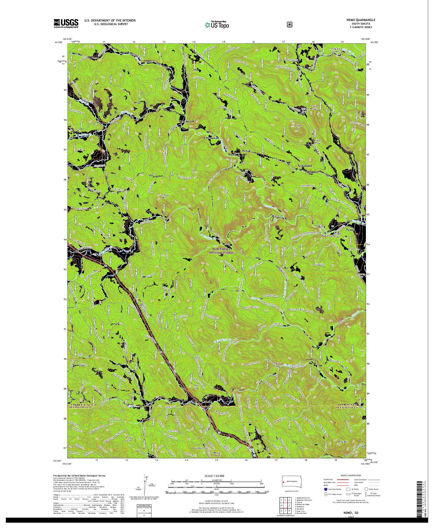 USGS US TOPO 7.5-MINUTE MAP FOR NEMO, SD 2017