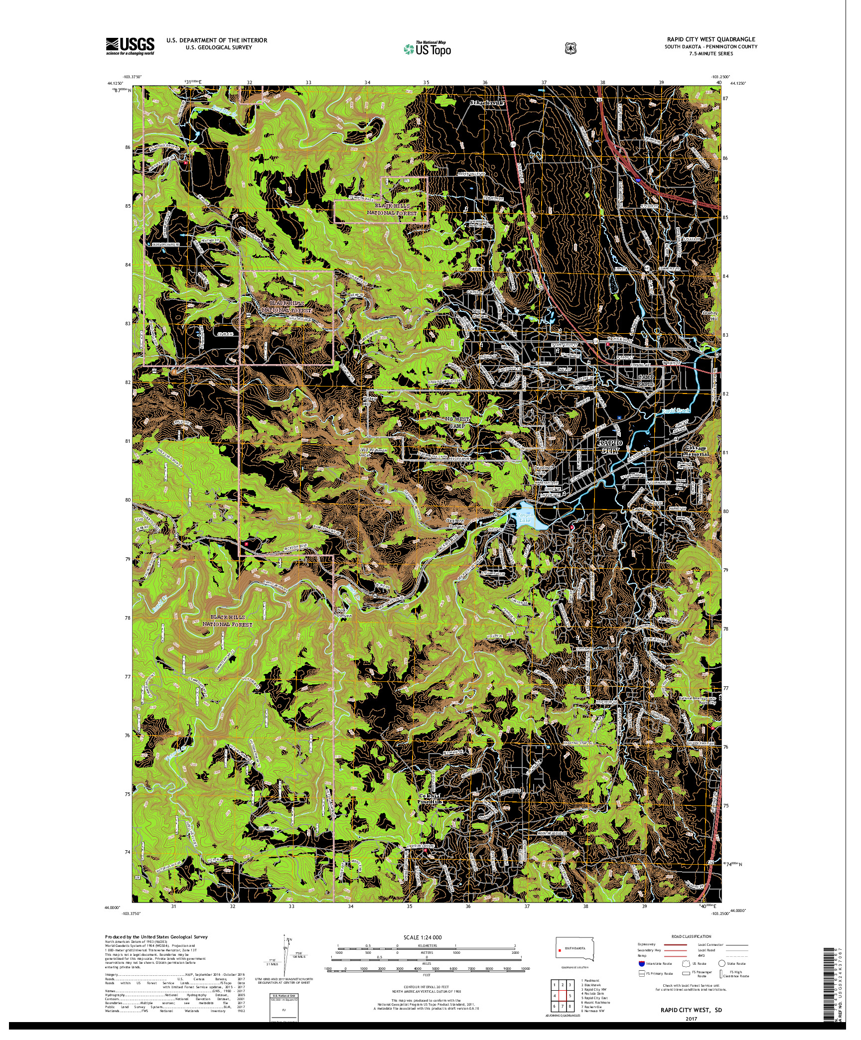 USGS US TOPO 7.5-MINUTE MAP FOR RAPID CITY WEST, SD 2017