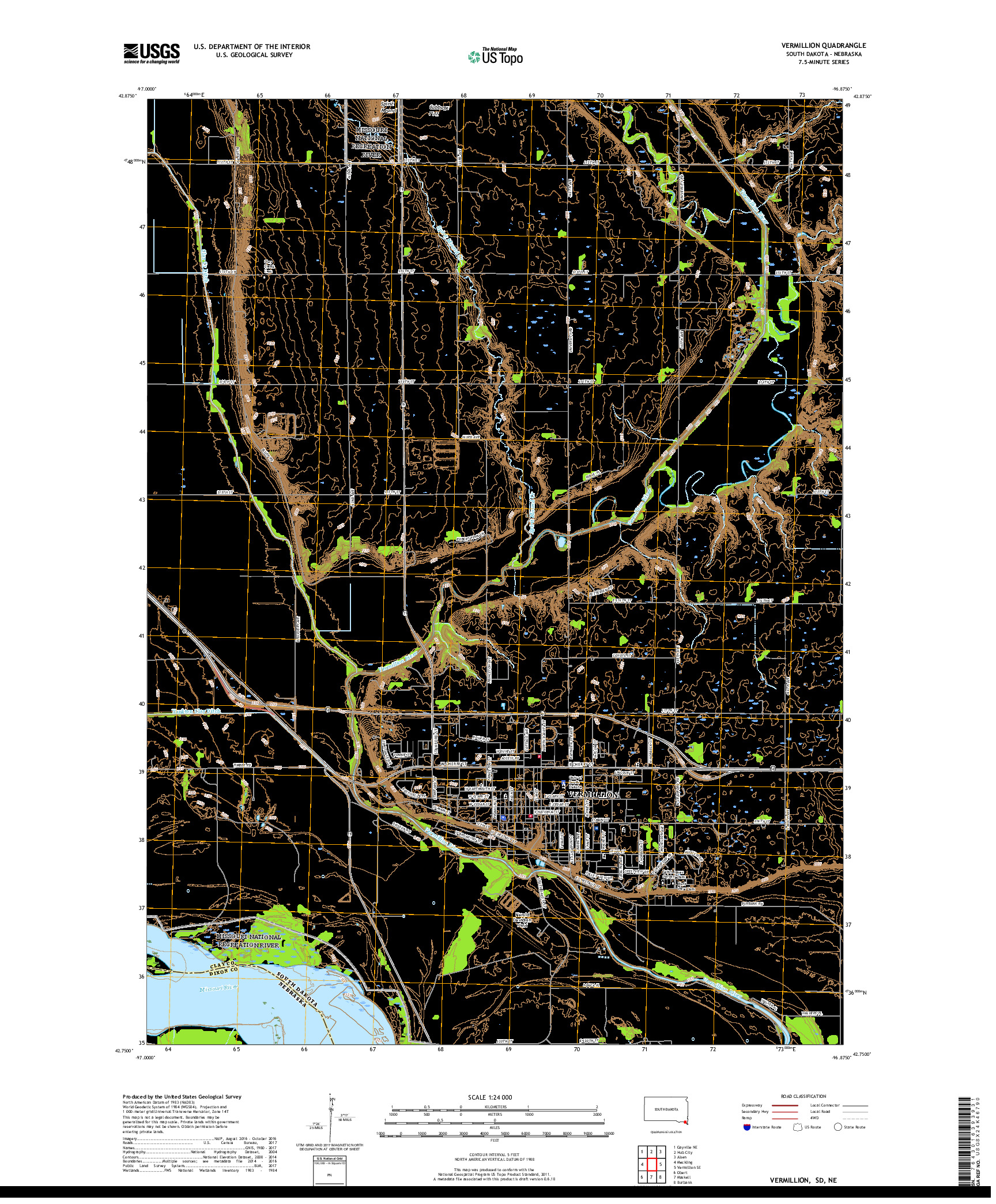 USGS US TOPO 7.5-MINUTE MAP FOR VERMILLION, SD,NE 2017