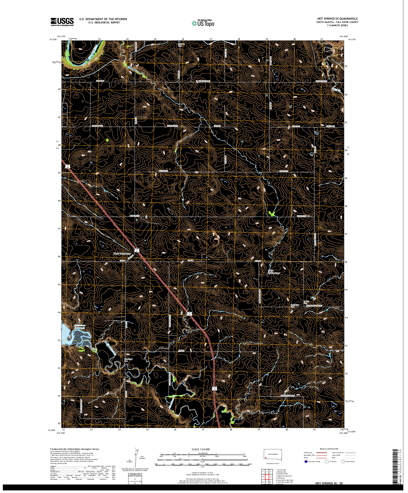 USGS US TOPO 7.5-MINUTE MAP FOR HOT SPRINGS SE, SD 2017