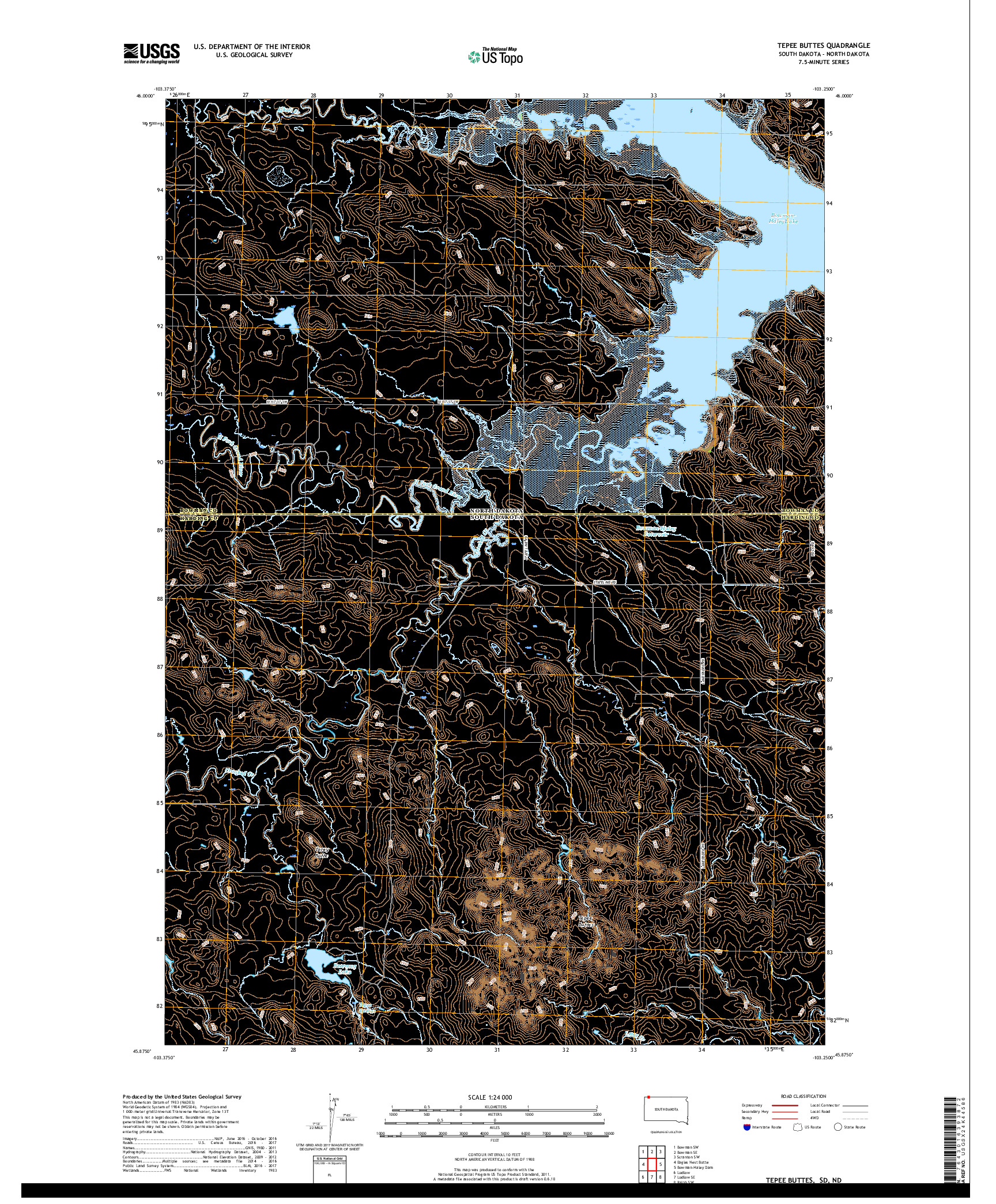 USGS US TOPO 7.5-MINUTE MAP FOR TEPEE BUTTES, SD,ND 2017