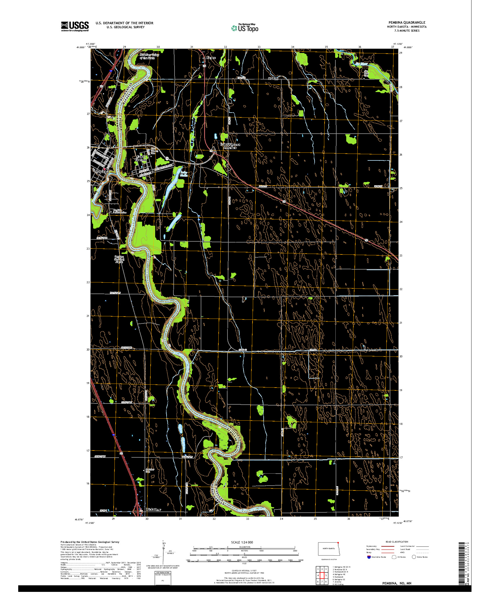 USGS US TOPO 7.5-MINUTE MAP FOR PEMBINA, ND,MN 2017