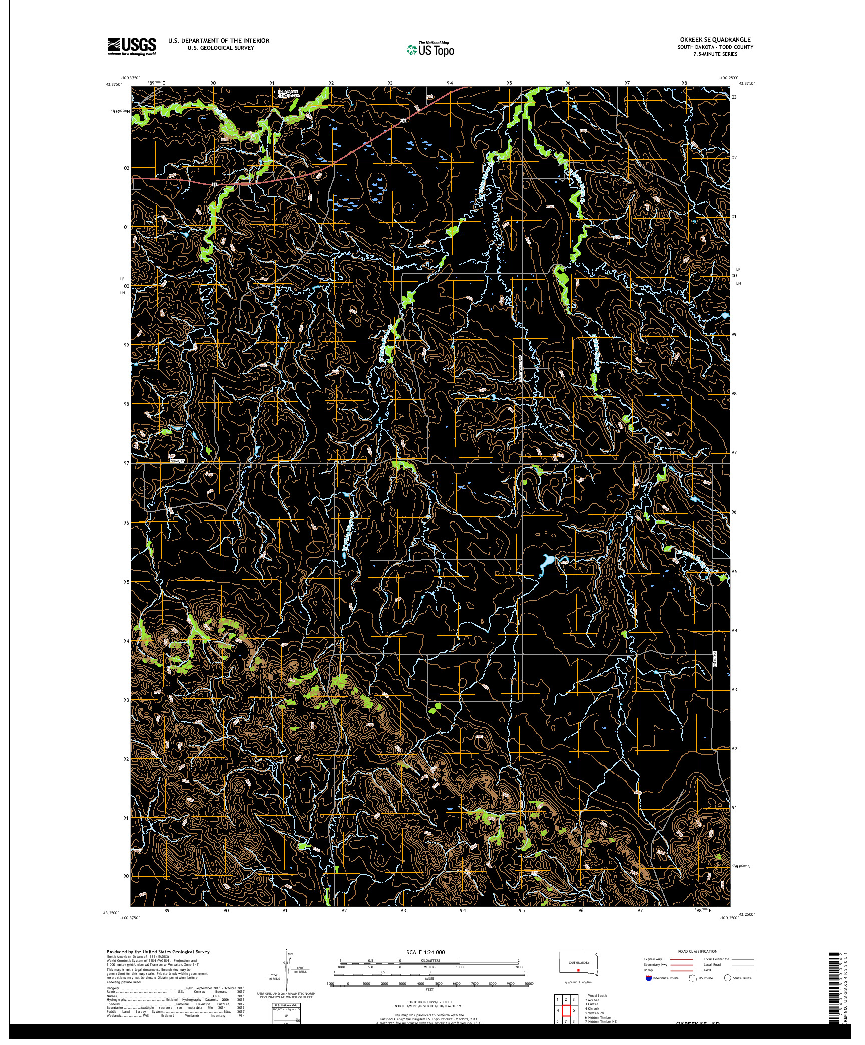 USGS US TOPO 7.5-MINUTE MAP FOR OKREEK SE, SD 2017