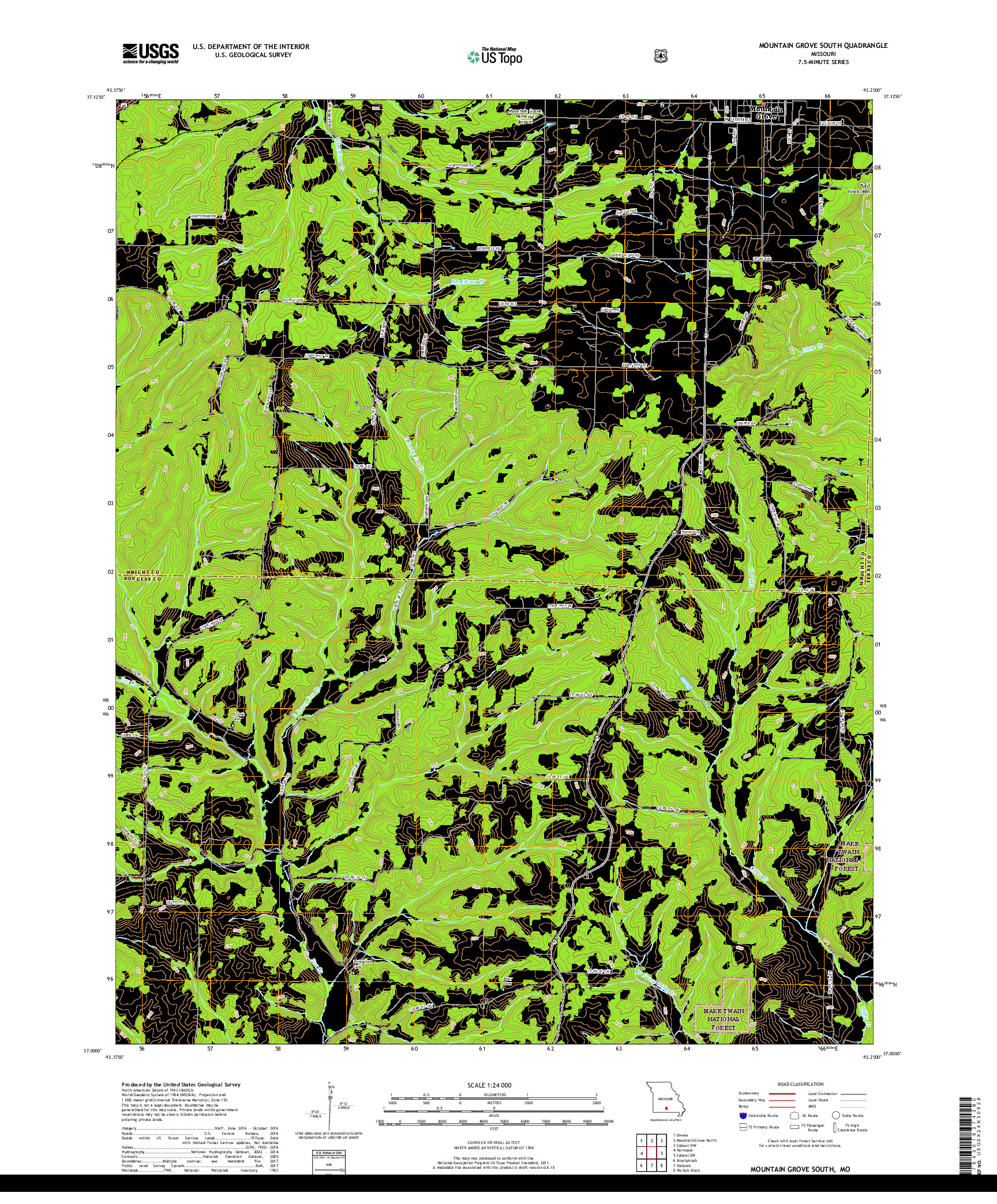 USGS US TOPO 7.5-MINUTE MAP FOR MOUNTAIN GROVE SOUTH, MO 2017