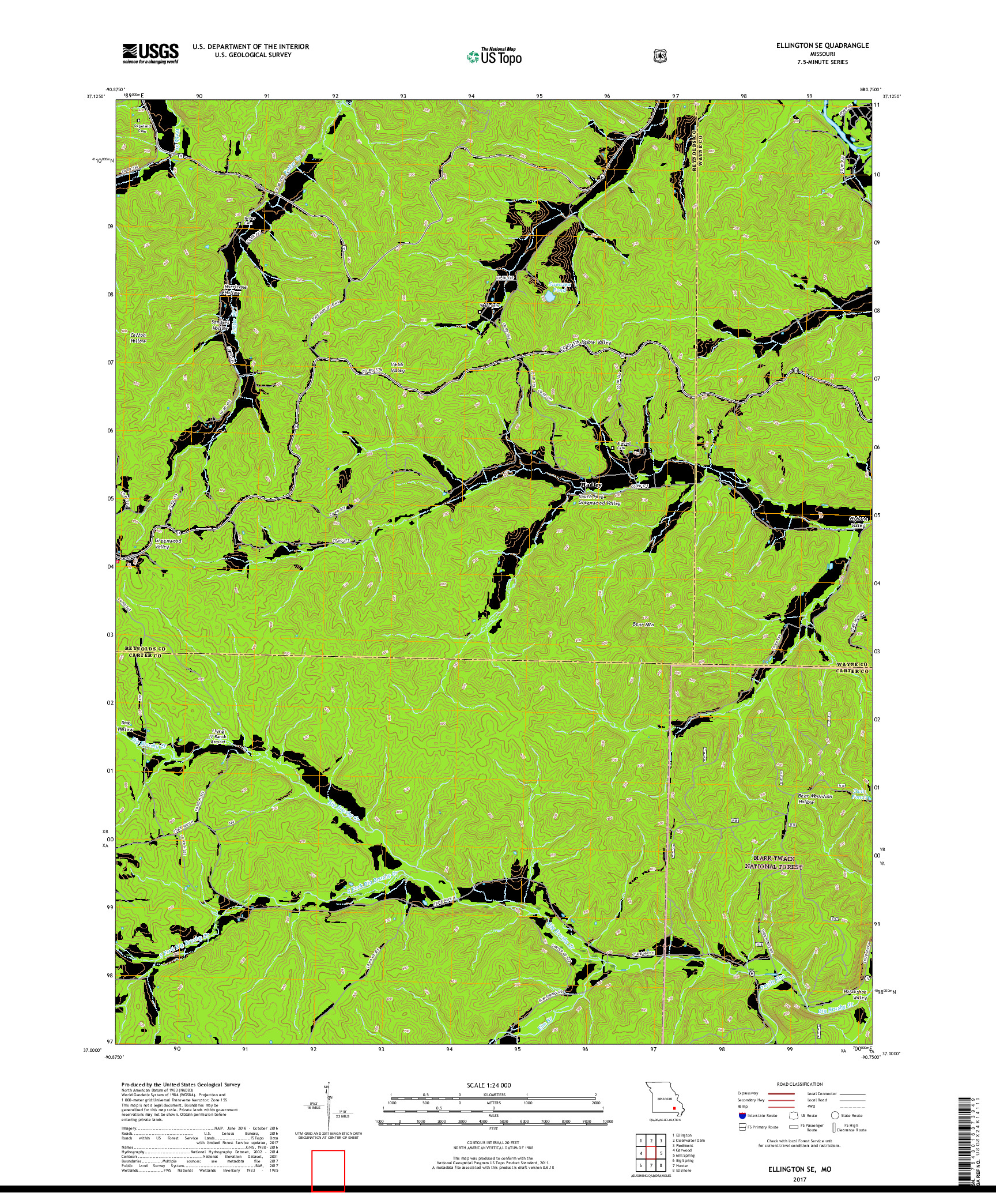 USGS US TOPO 7.5-MINUTE MAP FOR ELLINGTON SE, MO 2017